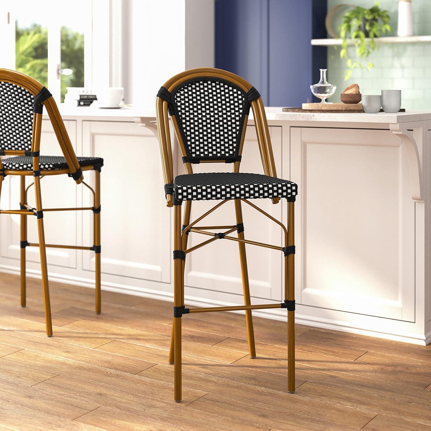 imageFlash Furniture Bordeaux Commercial Grade Bistro Bar Height Stool Stackable IndoorOutdoor Dining Stool 30quot High BlackWhite and Natural FinishBlack WhiteNatural Frame