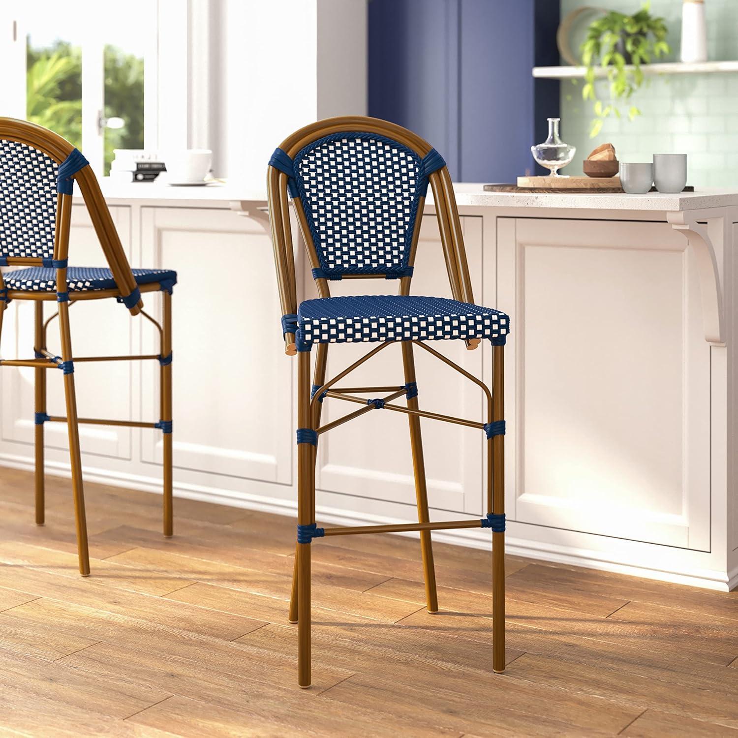 imageFlash Furniture Bordeaux Commercial Grade Bistro Bar Height Stool Stackable IndoorOutdoor Dining Stool 30quot High BlackWhite and Natural FinishNavy WhiteNatural Frame