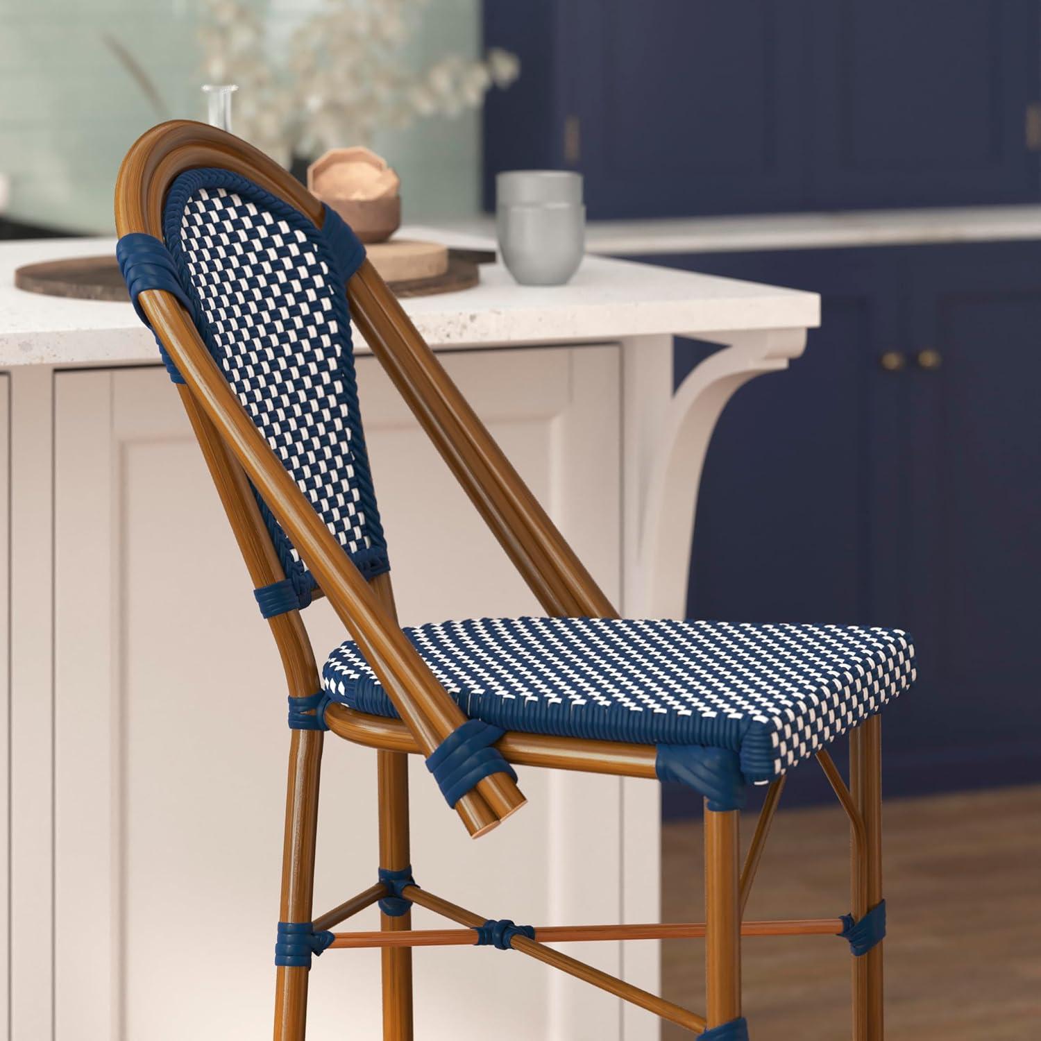 imageFlash Furniture Bordeaux Commercial Grade Bistro Bar Height Stool Stackable IndoorOutdoor Dining Stool 30quot High BlackWhite and Natural FinishNavy WhiteNatural Frame