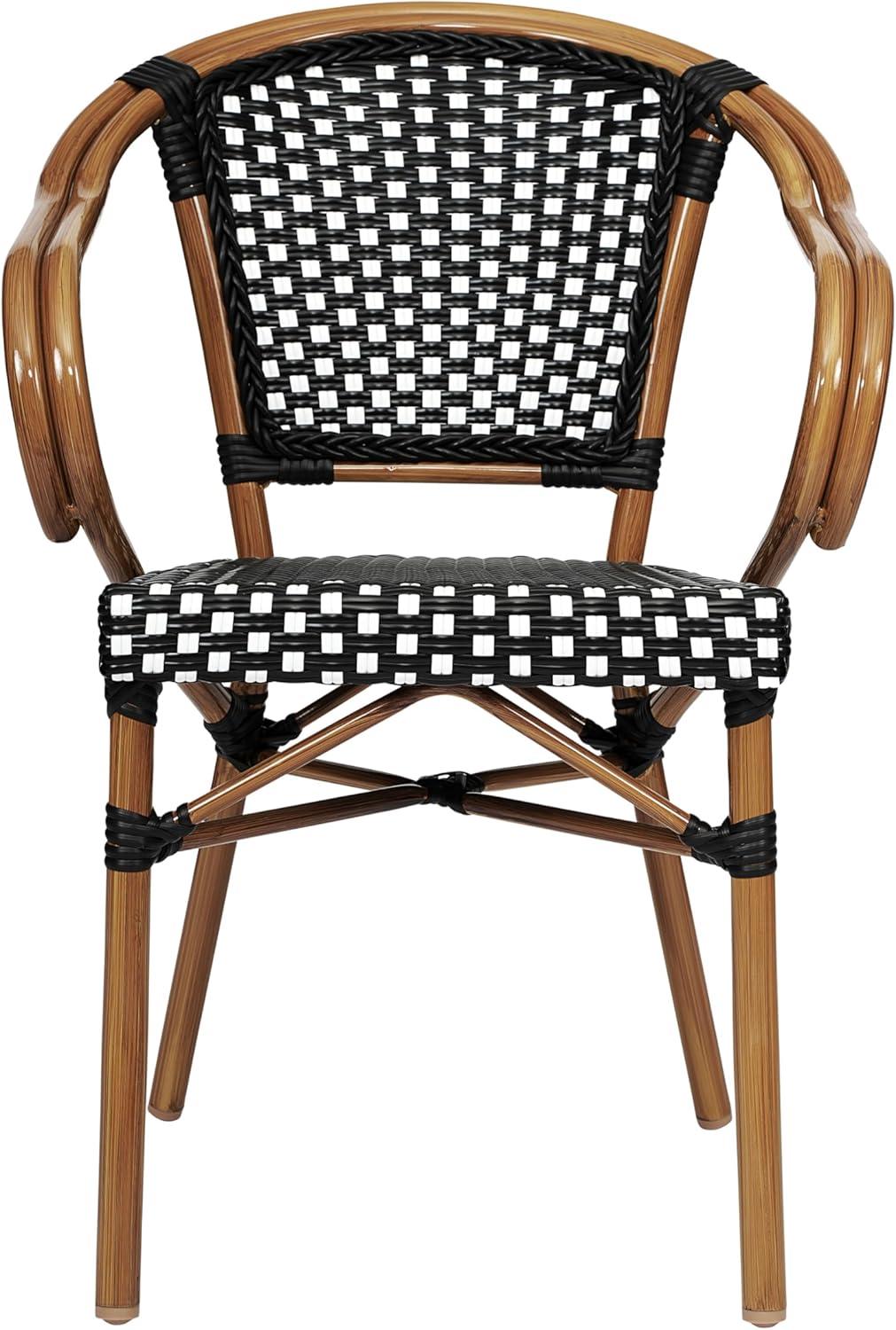 imageFlash Furniture Bordeaux IndoorOutdoor Commercial Bistro Stack Chair Curved Arms NavyWhite PE Rattan Back and Seat Natural Bamboo Print Metal FrameBlack WhiteNatural Frame