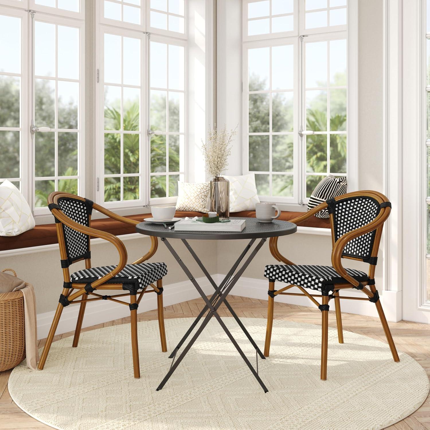 imageFlash Furniture Bordeaux IndoorOutdoor Commercial Bistro Stack Chair Curved Arms NavyWhite PE Rattan Back and Seat Natural Bamboo Print Metal FrameBlack WhiteNatural Frame