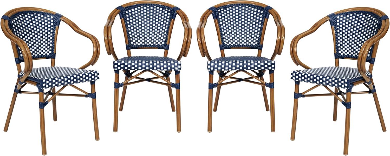 imageFlash Furniture Bordeaux IndoorOutdoor Commercial Bistro Stack Chair Curved Arms NavyWhite PE Rattan Back and Seat Natural Bamboo Print Metal FrameNavy WhiteNatural Frame