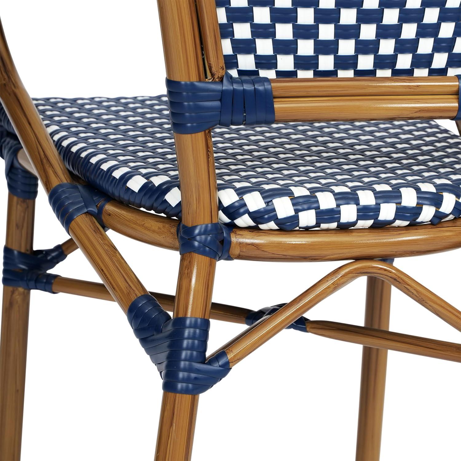 imageFlash Furniture Bordeaux IndoorOutdoor Commercial Bistro Stack Chair Curved Arms NavyWhite PE Rattan Back and Seat Natural Bamboo Print Metal FrameNavy WhiteNatural Frame