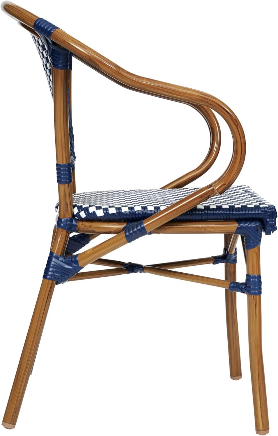 imageFlash Furniture Bordeaux IndoorOutdoor Commercial Bistro Stack Chair Curved Arms NavyWhite PE Rattan Back and Seat Natural Bamboo Print Metal FrameNavy WhiteNatural Frame