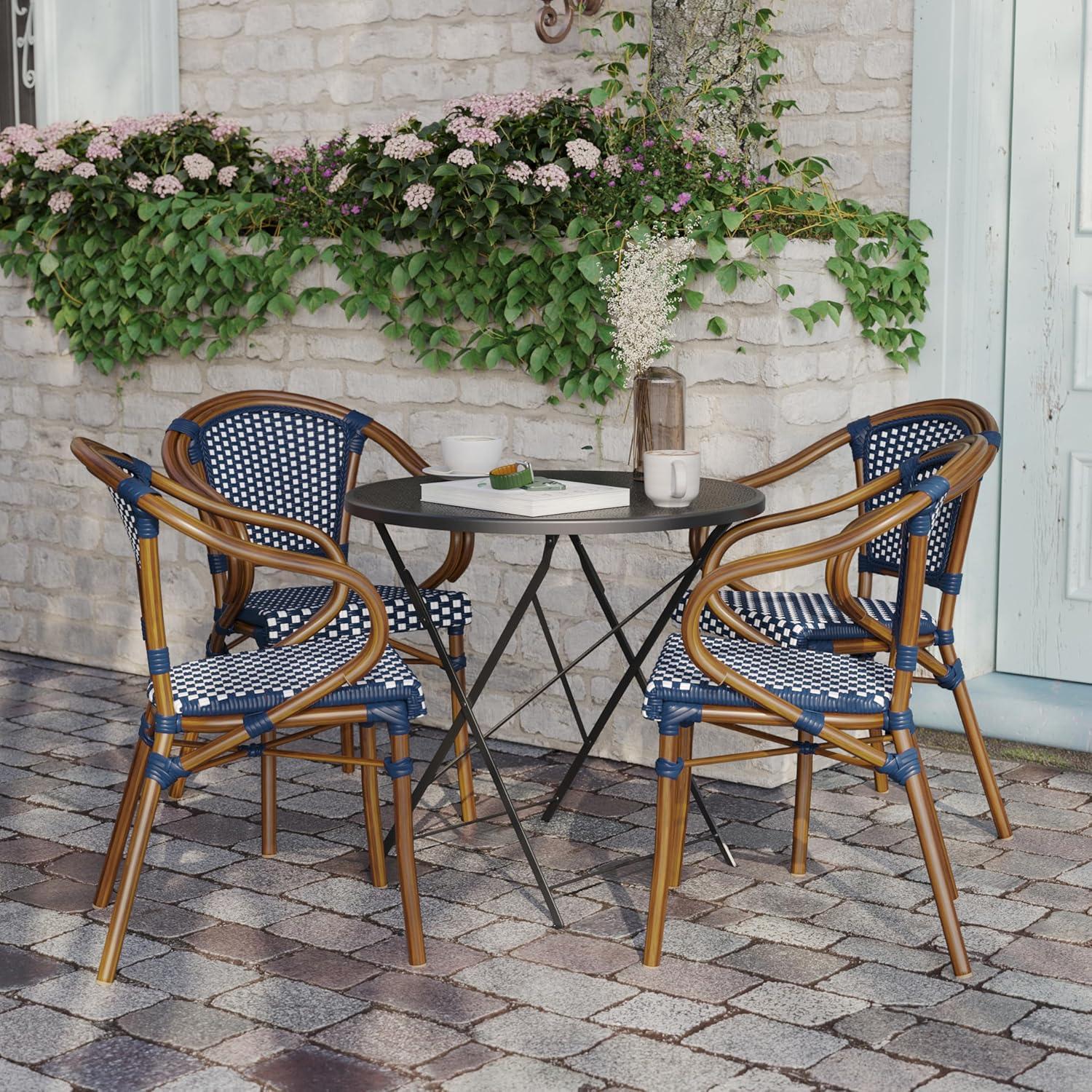 imageFlash Furniture Bordeaux IndoorOutdoor Commercial Bistro Stack Chair Curved Arms NavyWhite PE Rattan Back and Seat Natural Bamboo Print Metal FrameNavy WhiteNatural Frame