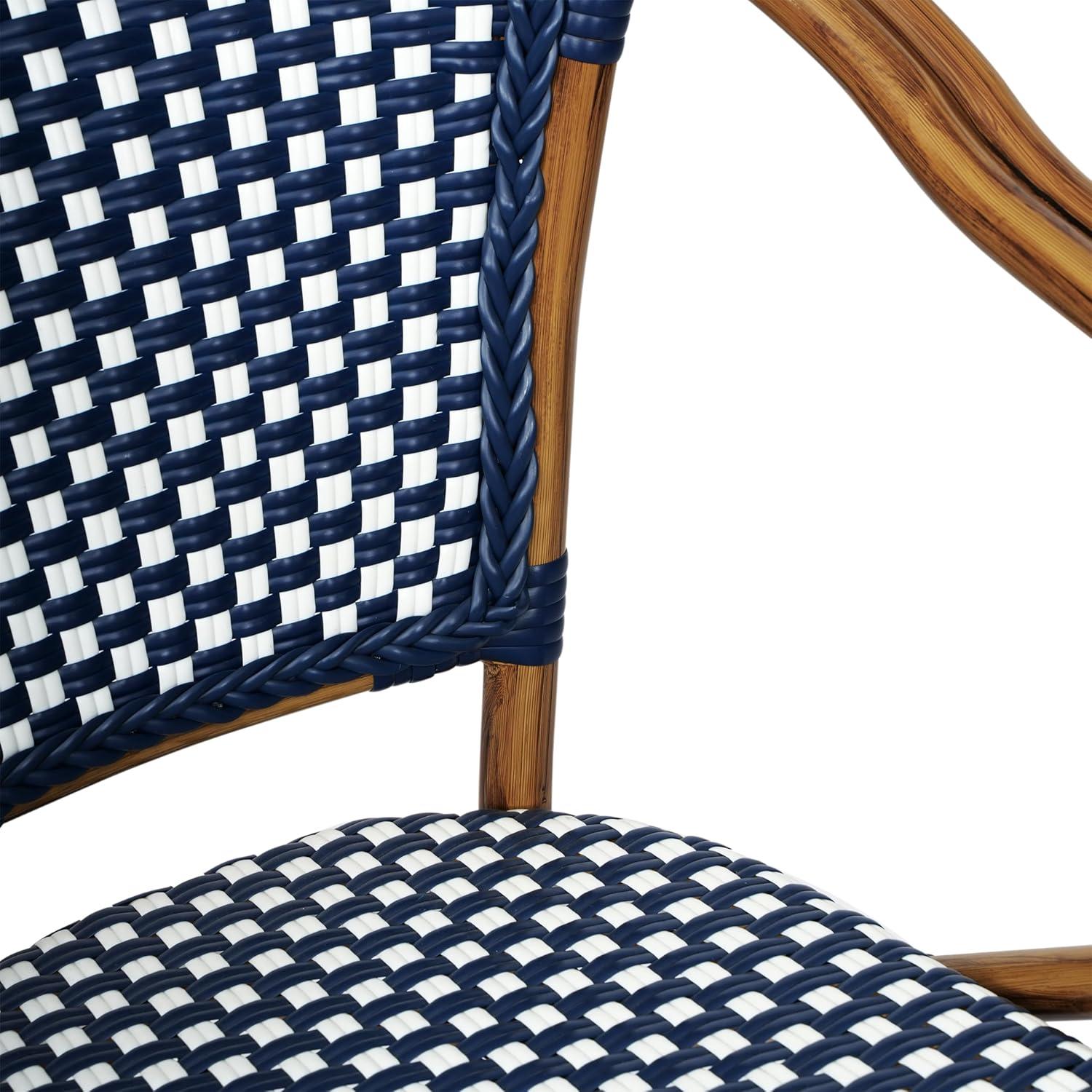 imageFlash Furniture Bordeaux IndoorOutdoor Commercial Bistro Stack Chair Curved Arms NavyWhite PE Rattan Back and Seat Natural Bamboo Print Metal FrameNavy WhiteNatural Frame