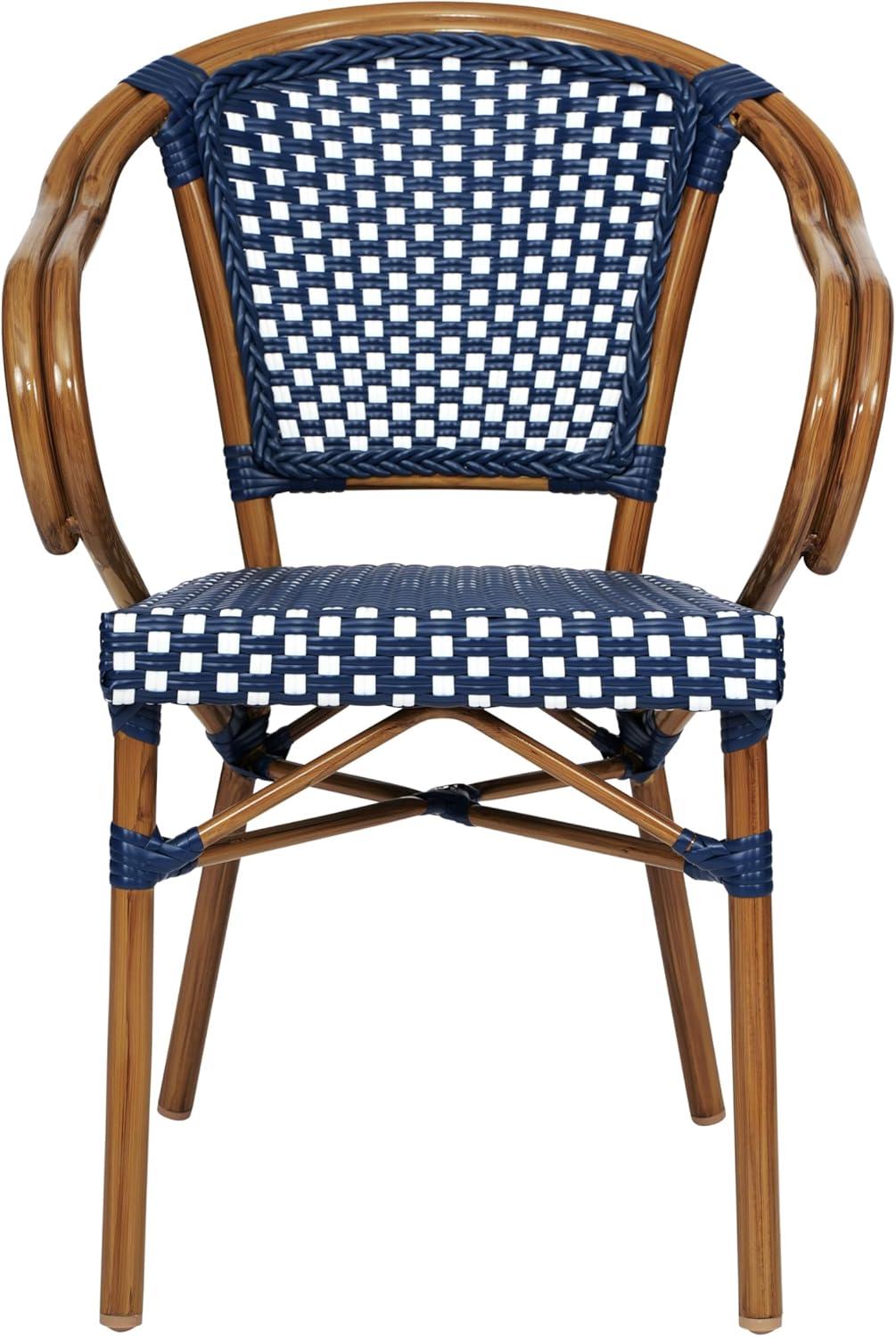 imageFlash Furniture Bordeaux IndoorOutdoor Commercial Bistro Stack Chair Curved Arms NavyWhite PE Rattan Back and Seat Natural Bamboo Print Metal FrameNavy WhiteNatural Frame