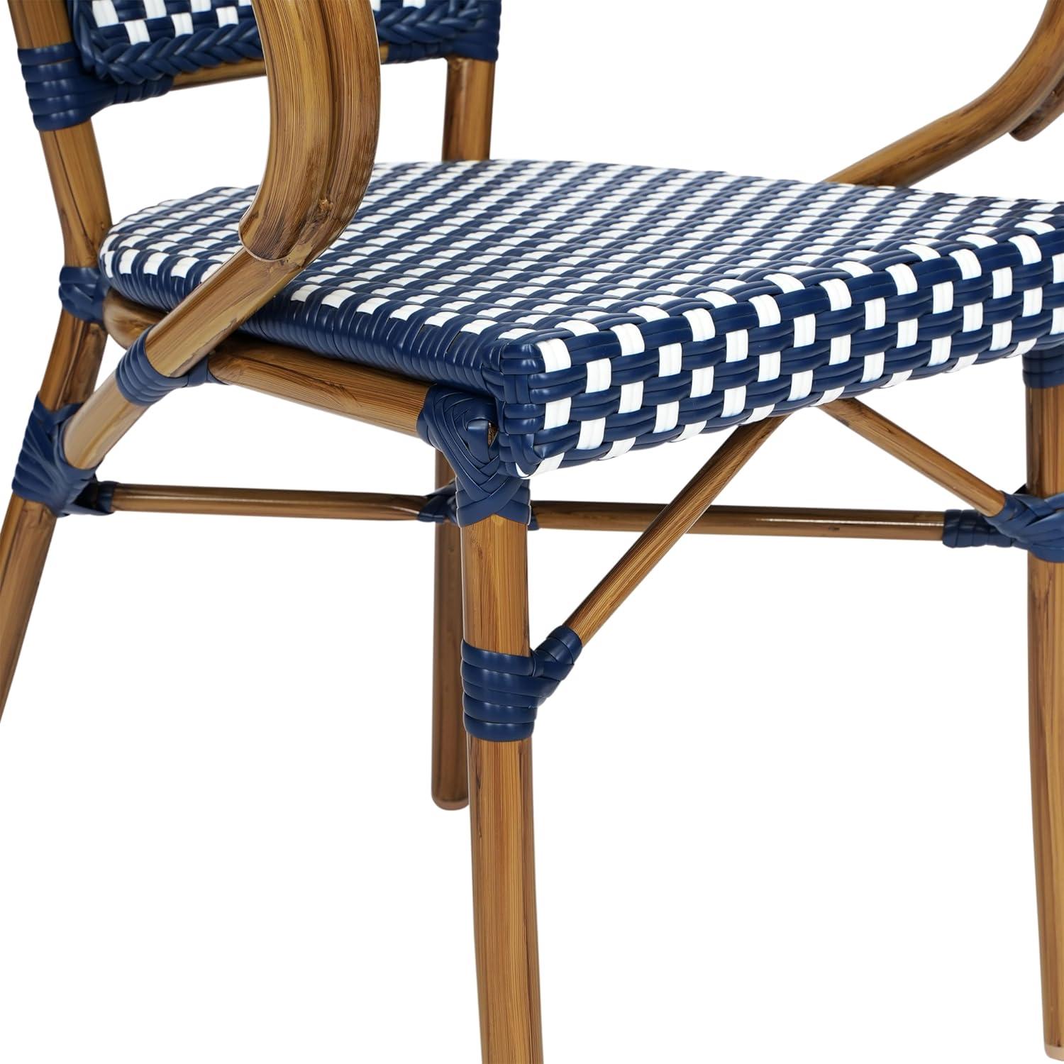 imageFlash Furniture Bordeaux IndoorOutdoor Commercial Bistro Stack Chair Curved Arms NavyWhite PE Rattan Back and Seat Natural Bamboo Print Metal FrameNavy WhiteNatural Frame