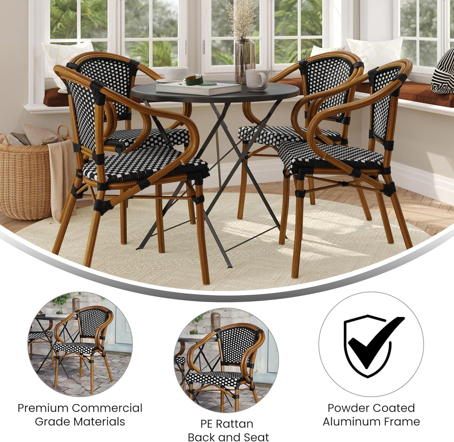 imageFlash Furniture Bordeaux IndoorOutdoor Commercial Bistro Stack Chair Curved Arms NavyWhite PE Rattan Back and Seat Natural Bamboo Print Metal FrameBlack WhiteNatural Frame