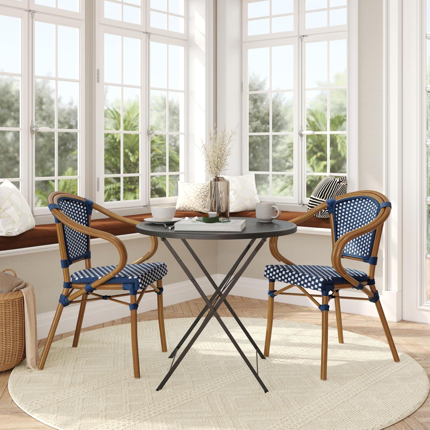 imageFlash Furniture Bordeaux IndoorOutdoor Commercial Bistro Stack Chair Curved Arms NavyWhite PE Rattan Back and Seat Natural Bamboo Print Metal FrameNavy WhiteNatural Frame