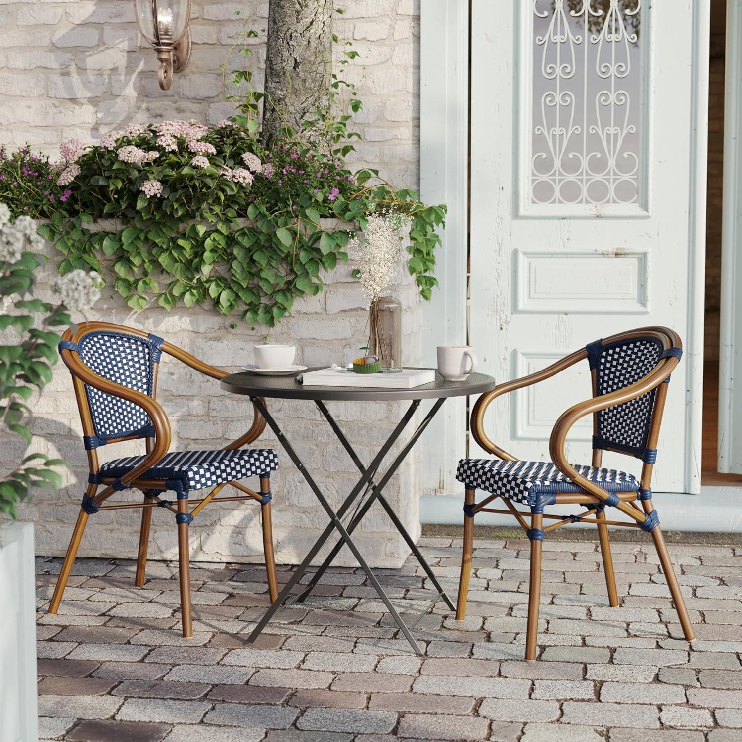 imageFlash Furniture Bordeaux IndoorOutdoor Commercial Bistro Stack Chair Curved Arms NavyWhite PE Rattan Back and Seat Natural Bamboo Print Metal FrameNavy WhiteNatural Frame