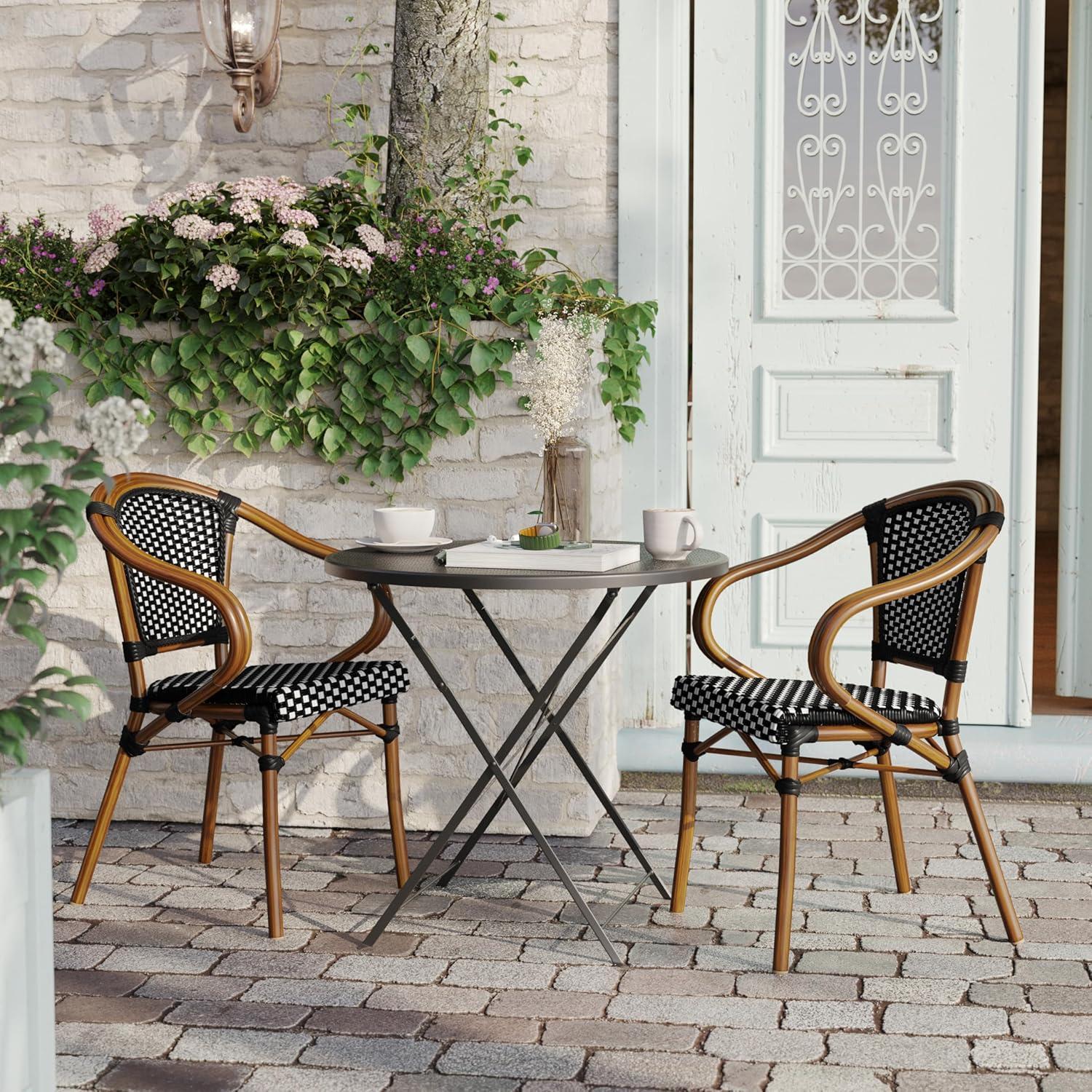 imageFlash Furniture Bordeaux IndoorOutdoor Commercial Bistro Stack Chair Curved Arms NavyWhite PE Rattan Back and Seat Natural Bamboo Print Metal FrameBlack WhiteNatural Frame