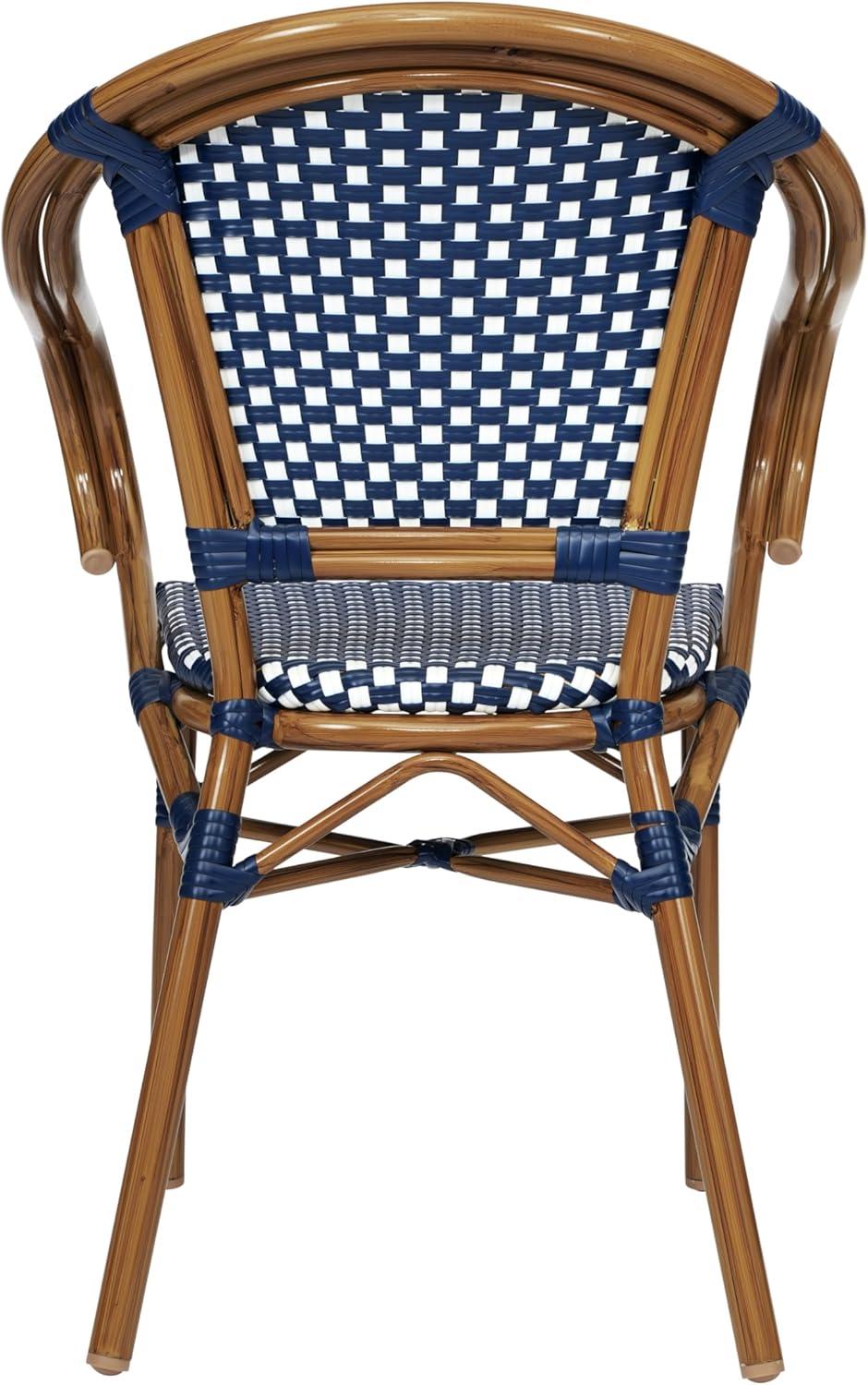 imageFlash Furniture Bordeaux IndoorOutdoor Commercial Bistro Stack Chair Curved Arms NavyWhite PE Rattan Back and Seat Natural Bamboo Print Metal FrameNavy WhiteNatural Frame