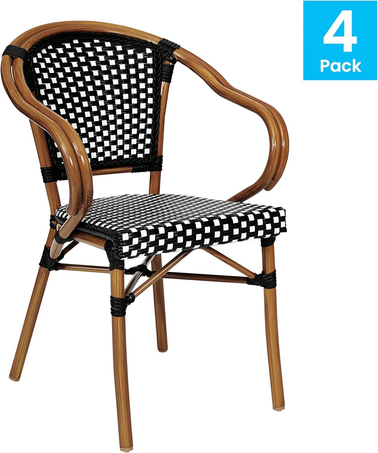 imageFlash Furniture Bordeaux IndoorOutdoor Commercial Bistro Stack Chair Curved Arms NavyWhite PE Rattan Back and Seat Natural Bamboo Print Metal FrameBlack WhiteNatural Frame