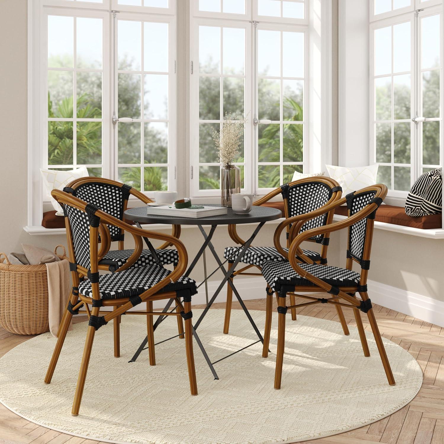 imageFlash Furniture Bordeaux IndoorOutdoor Commercial Bistro Stack Chair Curved Arms NavyWhite PE Rattan Back and Seat Natural Bamboo Print Metal FrameBlack WhiteNatural Frame