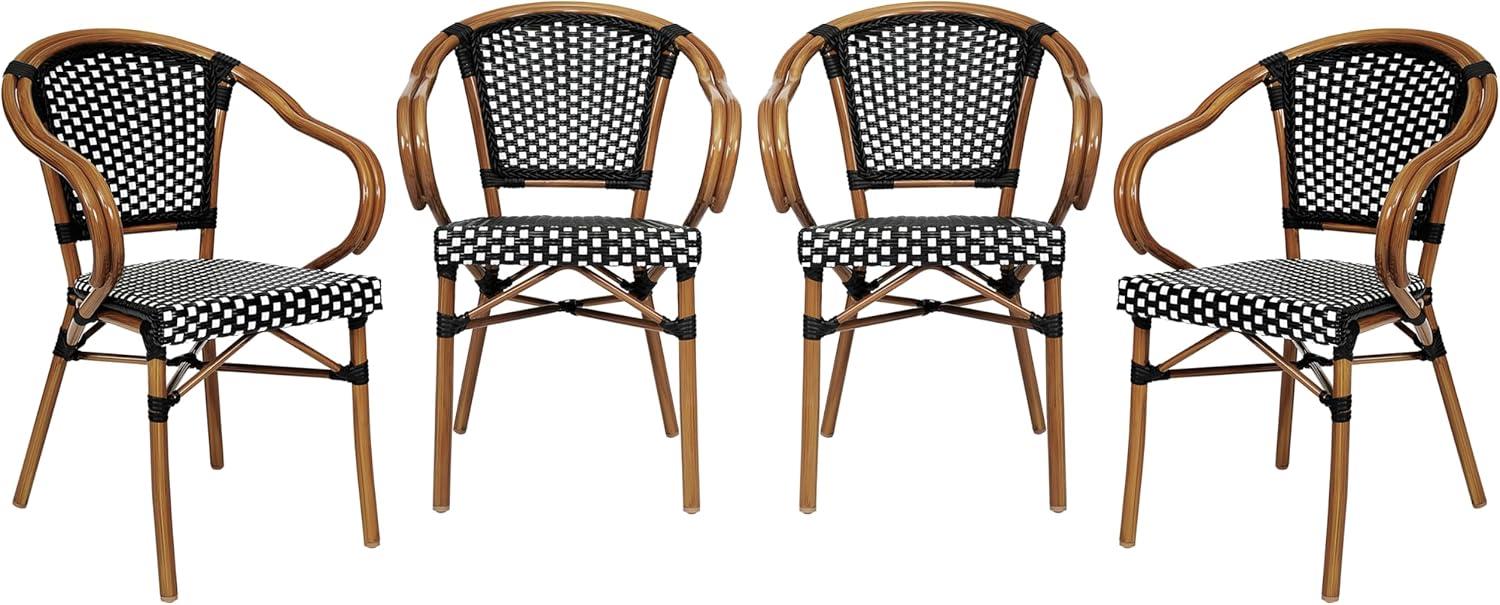 imageFlash Furniture Bordeaux IndoorOutdoor Commercial Bistro Stack Chair Curved Arms NavyWhite PE Rattan Back and Seat Natural Bamboo Print Metal FrameBlack WhiteNatural Frame