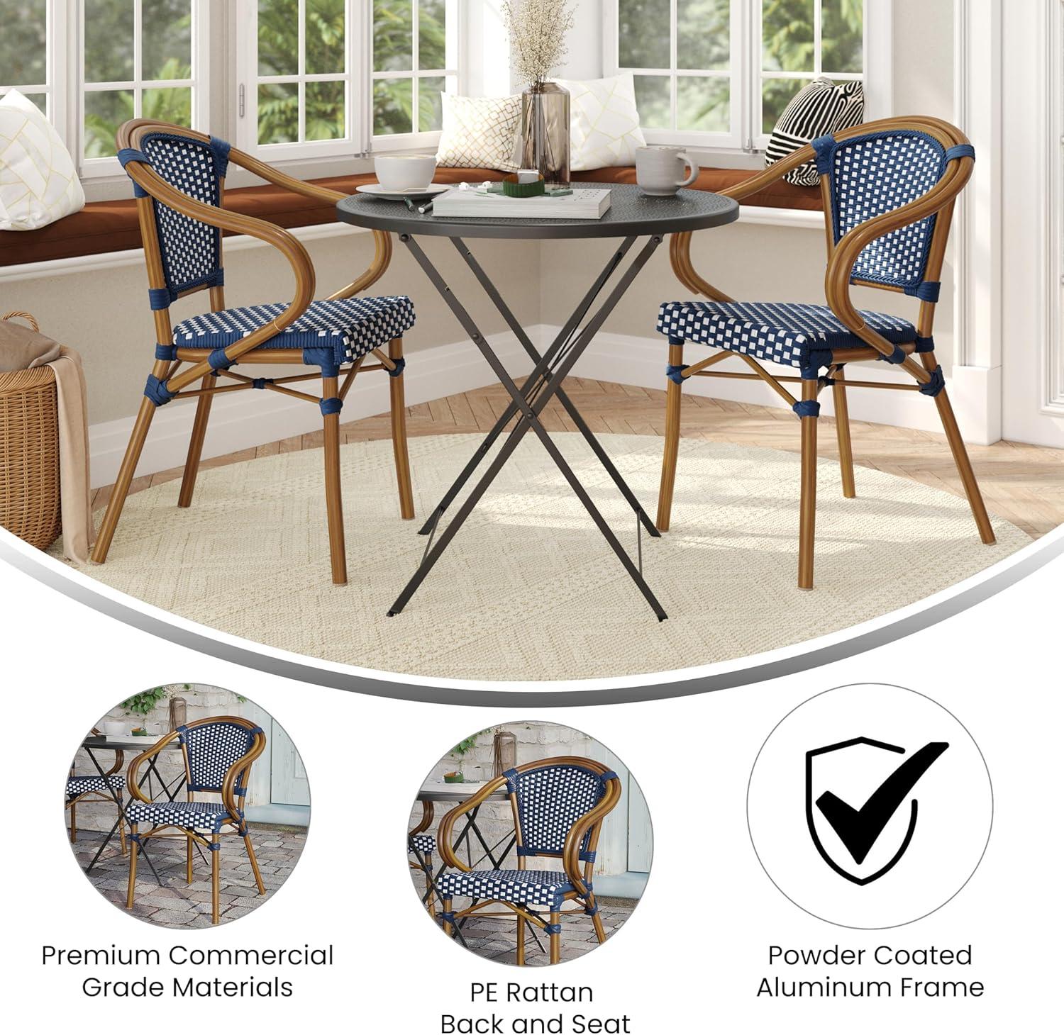 imageFlash Furniture Bordeaux IndoorOutdoor Commercial Bistro Stack Chair Curved Arms NavyWhite PE Rattan Back and Seat Natural Bamboo Print Metal FrameNavy WhiteNatural Frame