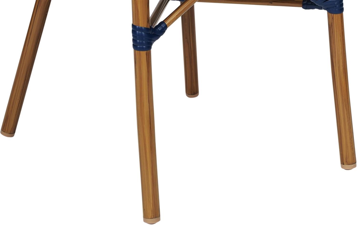 imageFlash Furniture Bordeaux IndoorOutdoor Commercial Bistro Stack Chair Curved Arms NavyWhite PE Rattan Back and Seat Natural Bamboo Print Metal FrameNavy WhiteNatural Frame
