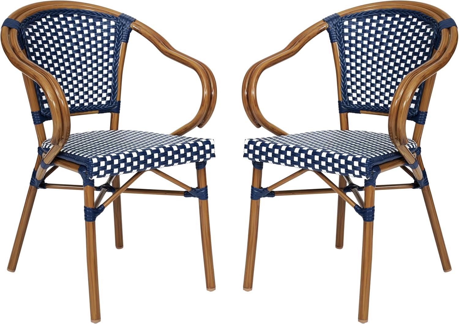 imageFlash Furniture Bordeaux IndoorOutdoor Commercial Bistro Stack Chair Curved Arms NavyWhite PE Rattan Back and Seat Natural Bamboo Print Metal FrameNavy WhiteNatural Frame