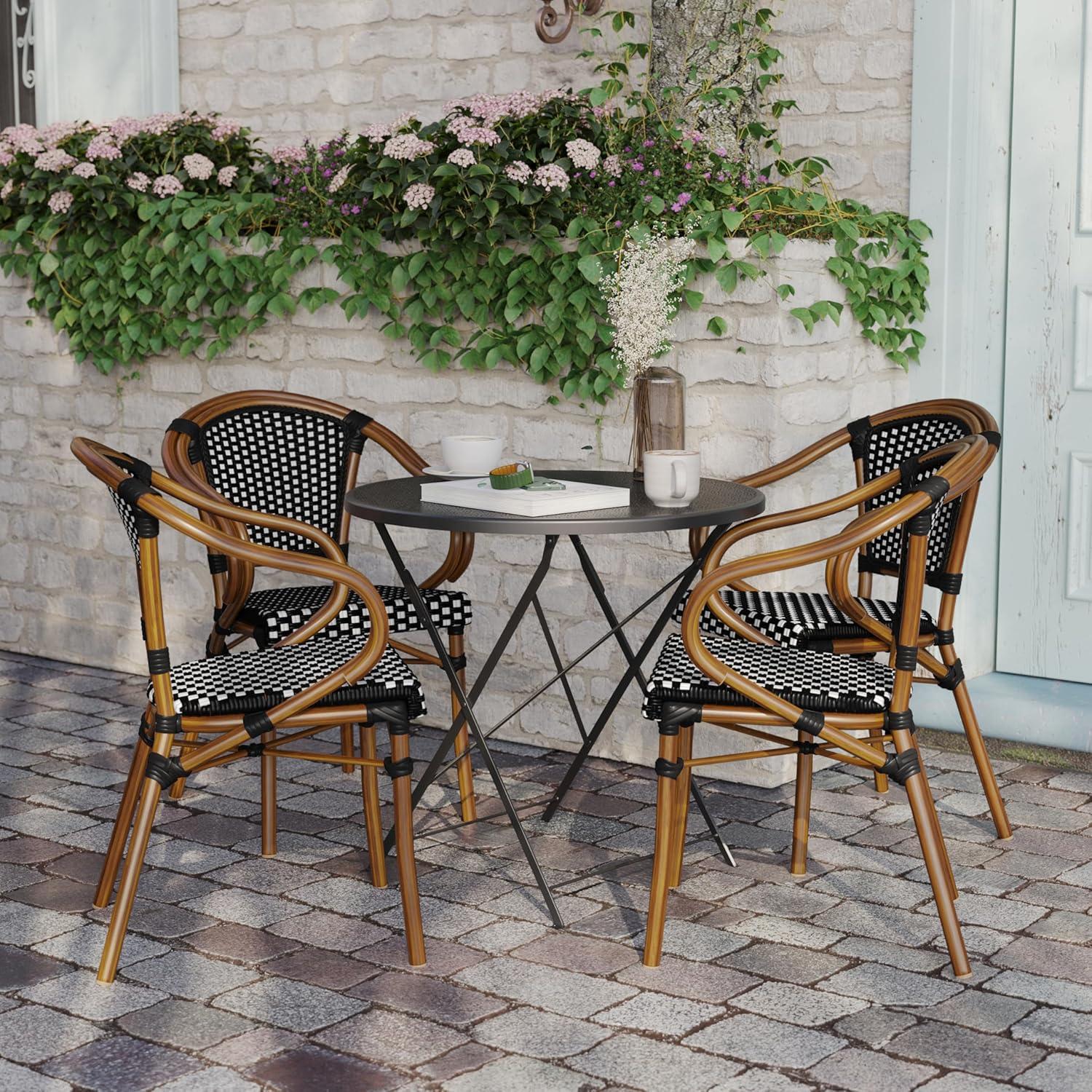 imageFlash Furniture Bordeaux IndoorOutdoor Commercial Bistro Stack Chair Curved Arms NavyWhite PE Rattan Back and Seat Natural Bamboo Print Metal FrameBlack WhiteNatural Frame