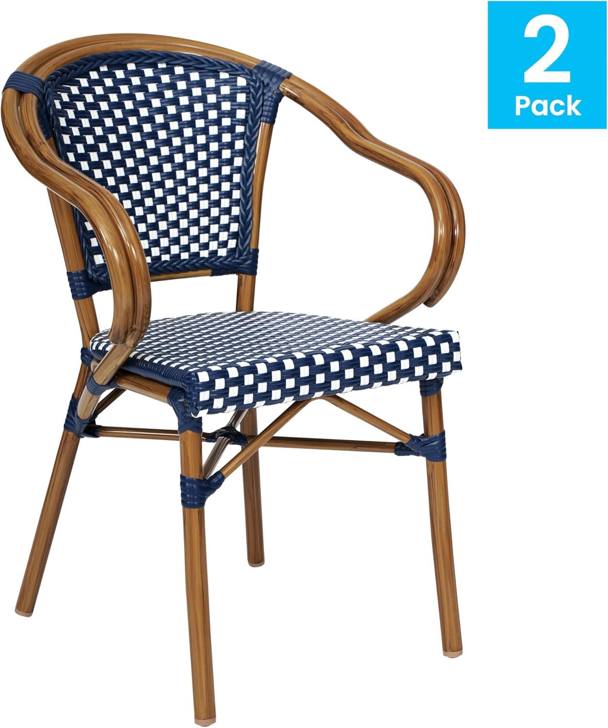 imageFlash Furniture Bordeaux IndoorOutdoor Commercial Bistro Stack Chair Curved Arms NavyWhite PE Rattan Back and Seat Natural Bamboo Print Metal FrameNavy WhiteNatural Frame