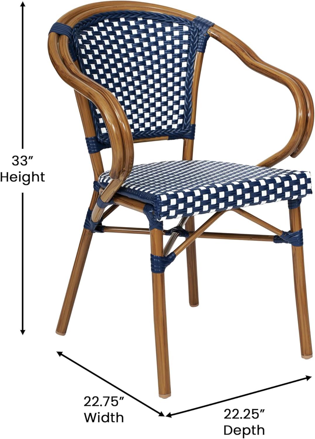 imageFlash Furniture Bordeaux IndoorOutdoor Commercial Bistro Stack Chair Curved Arms NavyWhite PE Rattan Back and Seat Natural Bamboo Print Metal FrameNavy WhiteNatural Frame