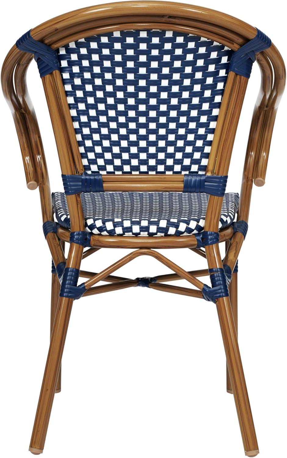 imageFlash Furniture Bordeaux IndoorOutdoor Commercial Bistro Stack Chair Curved Arms NavyWhite PE Rattan Back and Seat Natural Bamboo Print Metal FrameNavy WhiteNatural Frame