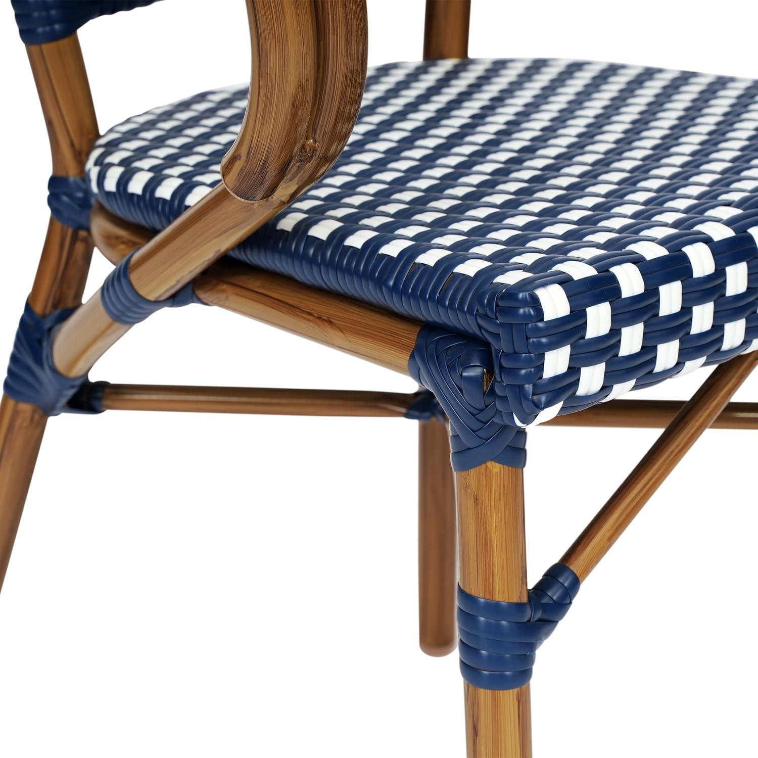 imageFlash Furniture Bordeaux IndoorOutdoor Commercial Bistro Stack Chair Curved Arms NavyWhite PE Rattan Back and Seat Natural Bamboo Print Metal FrameNavy WhiteNatural Frame