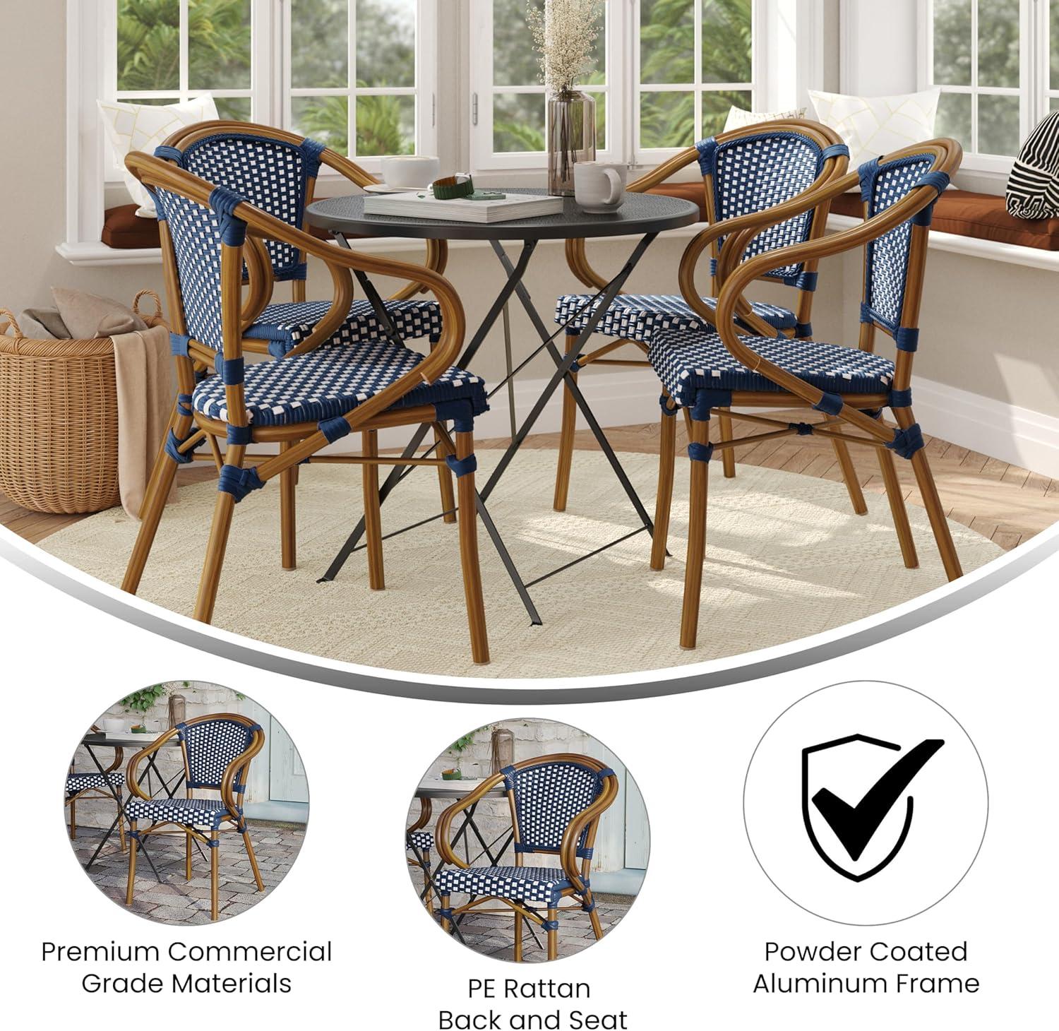 imageFlash Furniture Bordeaux IndoorOutdoor Commercial Bistro Stack Chair Curved Arms NavyWhite PE Rattan Back and Seat Natural Bamboo Print Metal FrameNavy WhiteNatural Frame