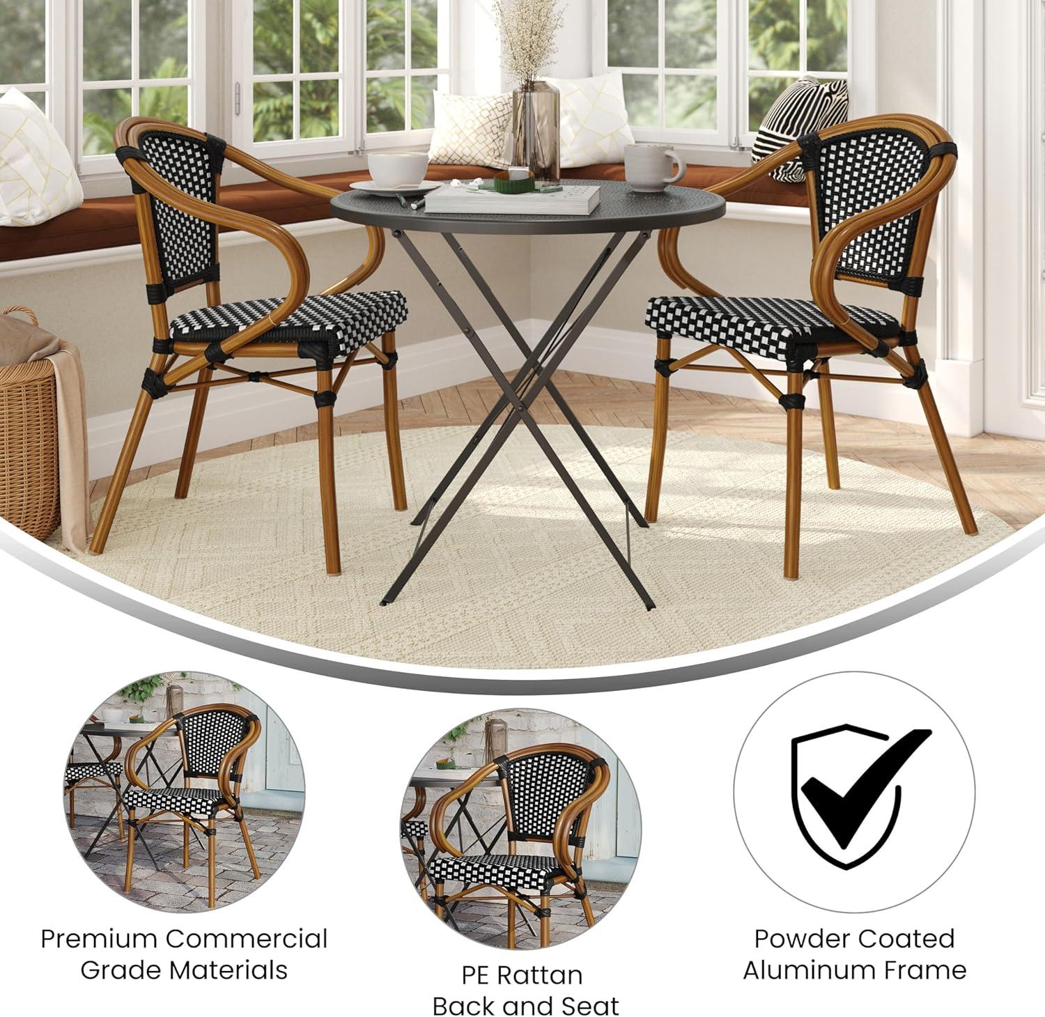 imageFlash Furniture Bordeaux IndoorOutdoor Commercial Bistro Stack Chair Curved Arms NavyWhite PE Rattan Back and Seat Natural Bamboo Print Metal FrameBlack WhiteNatural Frame
