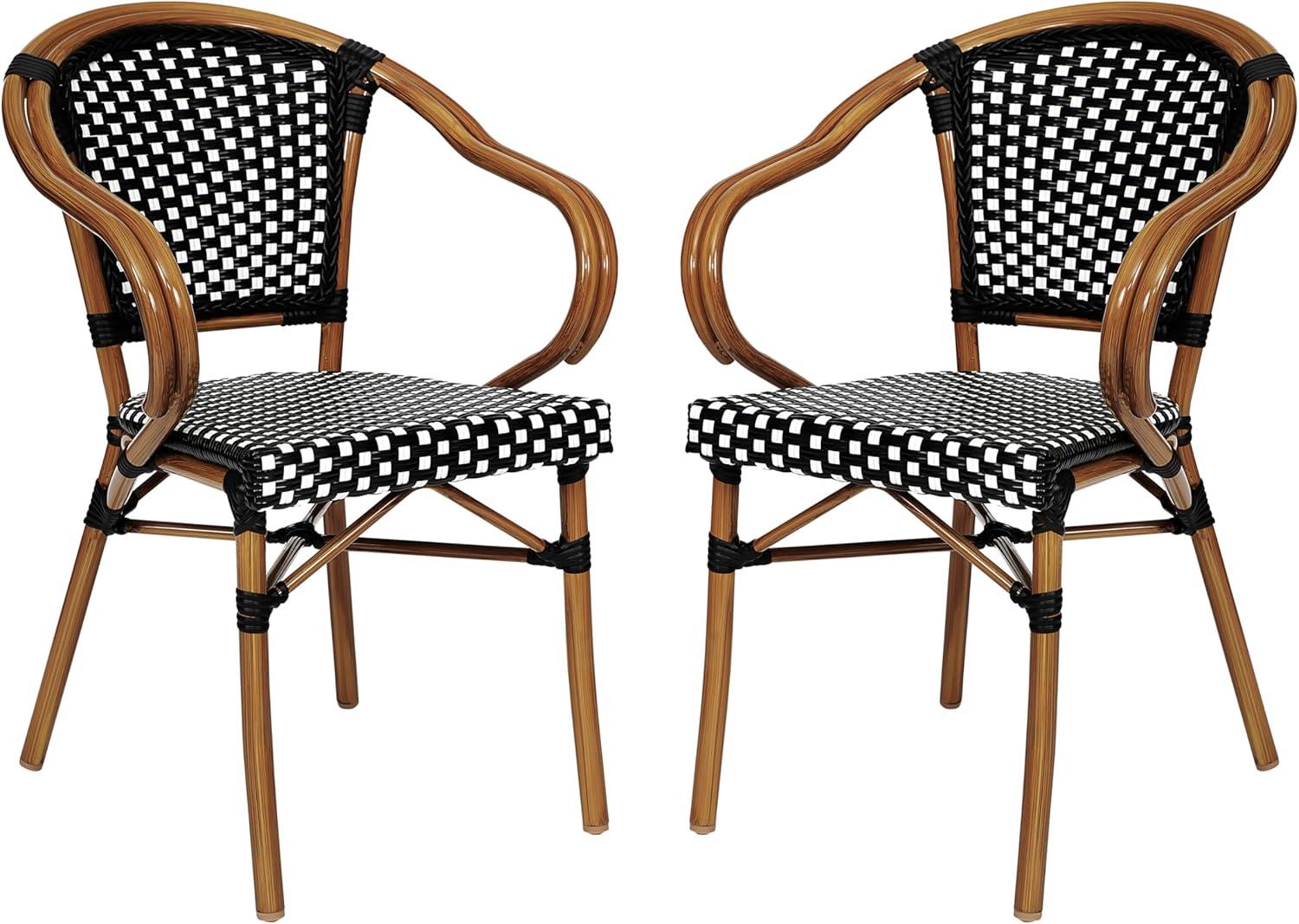 imageFlash Furniture Bordeaux IndoorOutdoor Commercial Bistro Stack Chair Curved Arms NavyWhite PE Rattan Back and Seat Natural Bamboo Print Metal FrameBlack WhiteNatural Frame