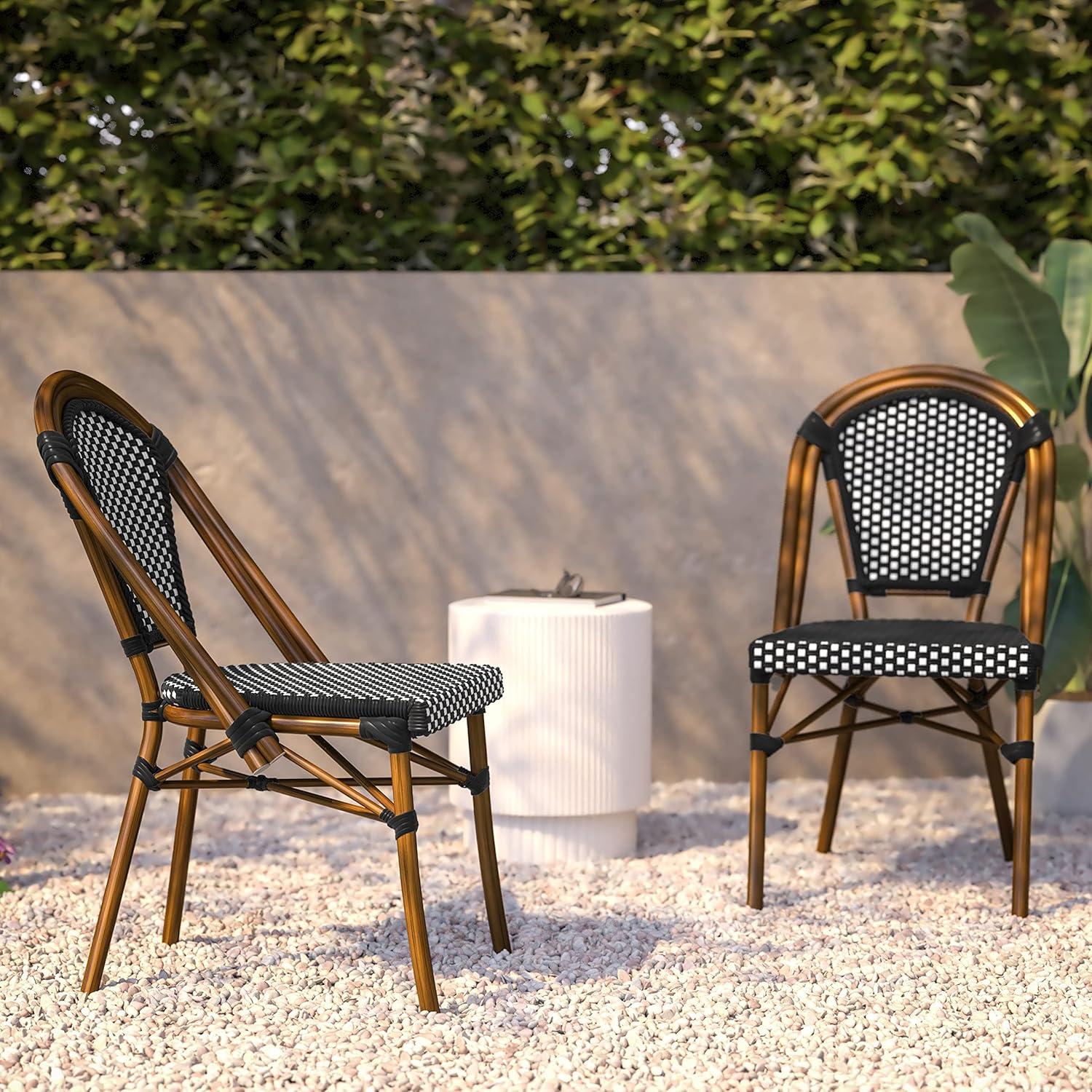 imageFlash Furniture Bordeaux Set of 2 IndoorOutdoor Commercial Bistro Stack Chairs BlackWhite PE Rattan Back and Seat Natural Bamboo Print Aluminum FrameBlack WhiteNatural Frame