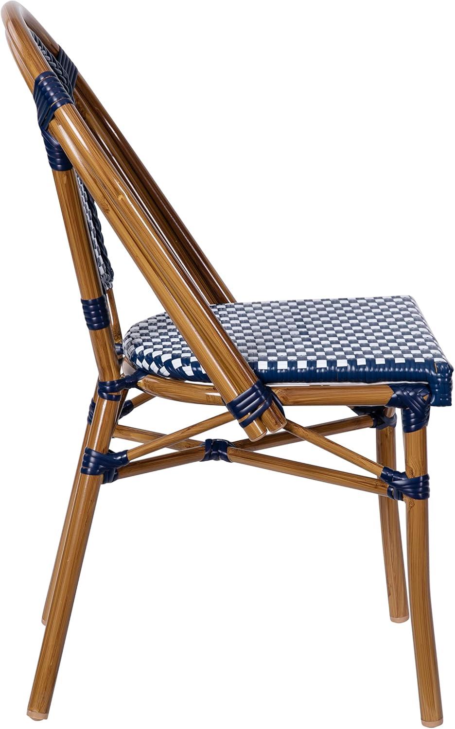 imageFlash Furniture Bordeaux Set of 2 IndoorOutdoor Commercial Bistro Stack Chairs BlackWhite PE Rattan Back and Seat Natural Bamboo Print Aluminum FrameNavy WhiteNatural Frame
