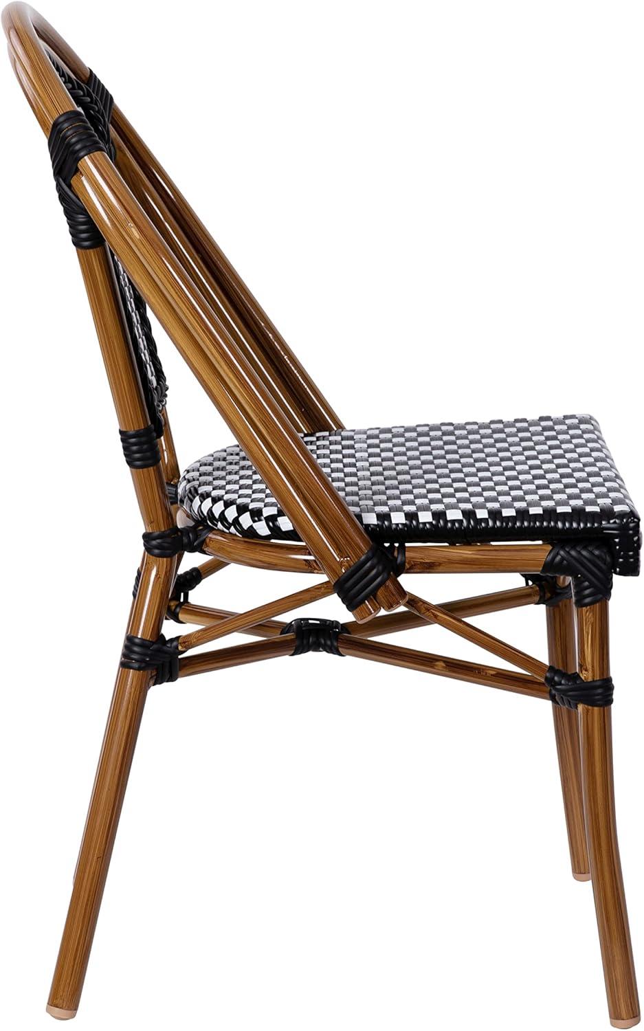 imageFlash Furniture Bordeaux Set of 2 IndoorOutdoor Commercial Bistro Stack Chairs BlackWhite PE Rattan Back and Seat Natural Bamboo Print Aluminum FrameBlack WhiteNatural Frame