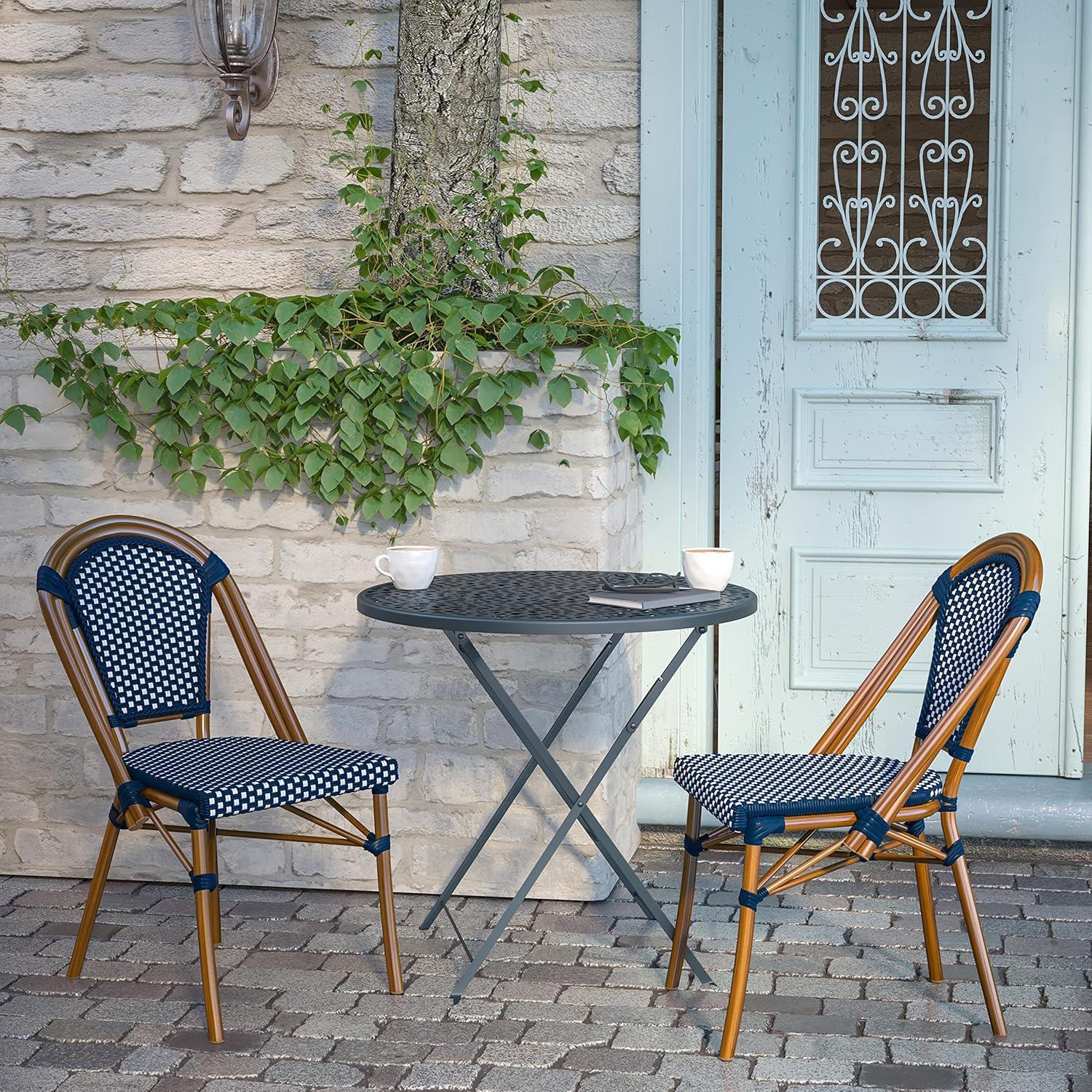 imageFlash Furniture Bordeaux Set of 2 IndoorOutdoor Commercial Bistro Stack Chairs BlackWhite PE Rattan Back and Seat Natural Bamboo Print Aluminum FrameNavy WhiteNatural Frame