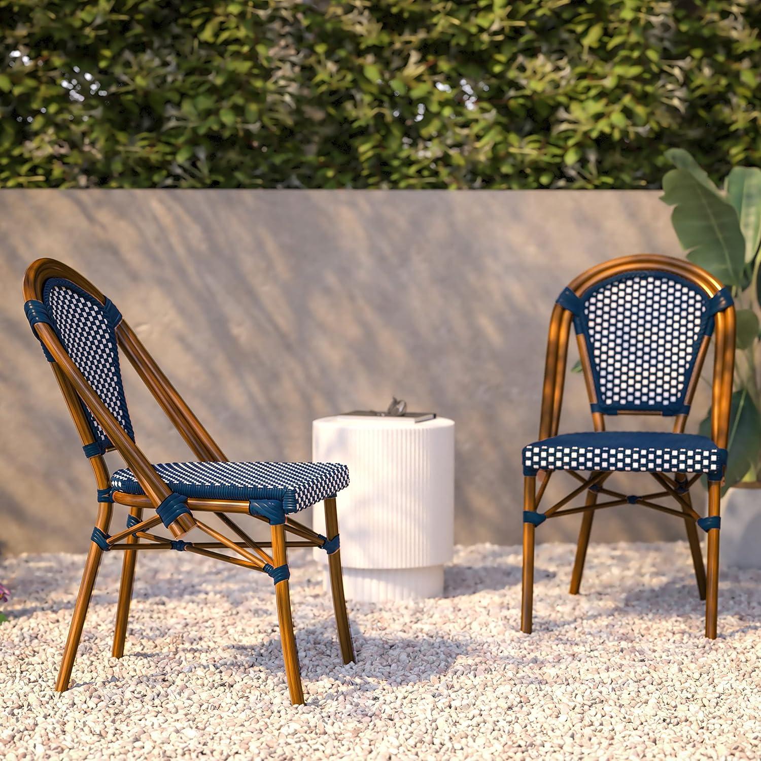 imageFlash Furniture Bordeaux Set of 2 IndoorOutdoor Commercial Bistro Stack Chairs BlackWhite PE Rattan Back and Seat Natural Bamboo Print Aluminum FrameNavy WhiteNatural Frame