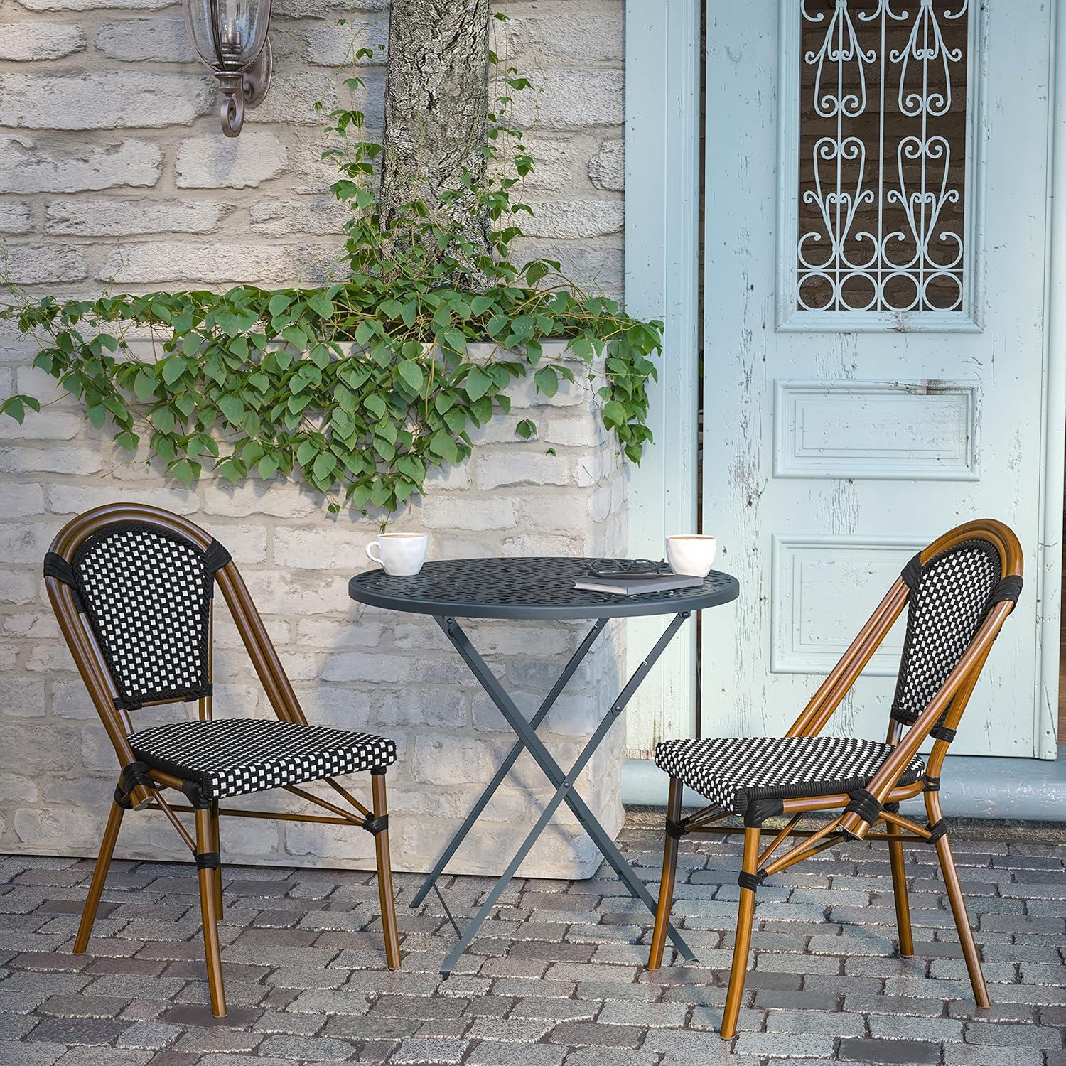 imageFlash Furniture Bordeaux Set of 2 IndoorOutdoor Commercial Bistro Stack Chairs BlackWhite PE Rattan Back and Seat Natural Bamboo Print Aluminum FrameBlack WhiteNatural Frame