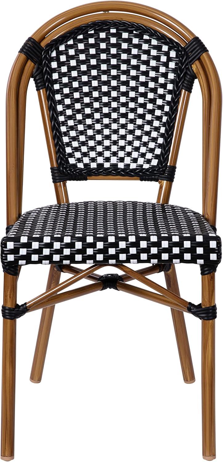 imageFlash Furniture Bordeaux Set of 2 IndoorOutdoor Commercial Bistro Stack Chairs BlackWhite PE Rattan Back and Seat Natural Bamboo Print Aluminum FrameBlack WhiteNatural Frame