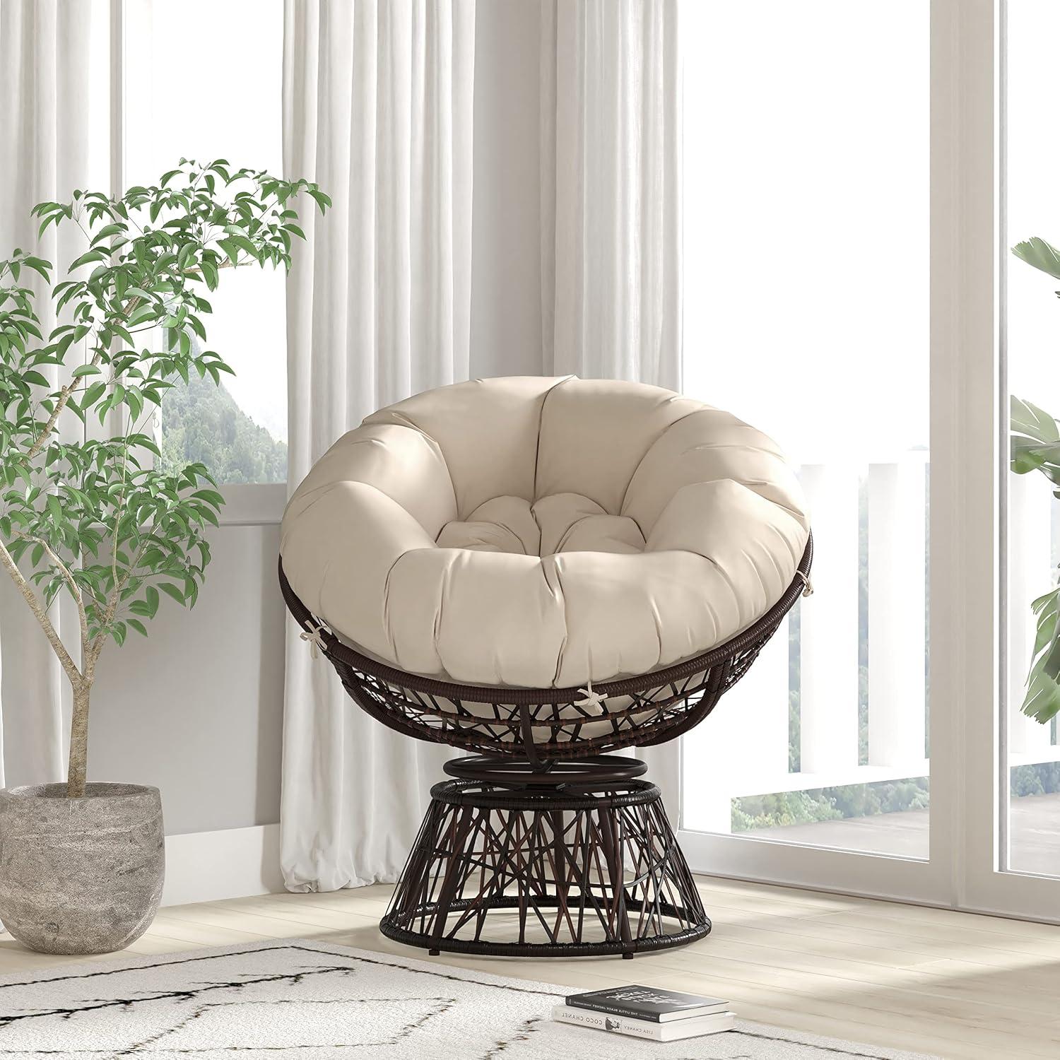 imageFlash Furniture Bowie Comfort Series Brown Swivel Patio Chair with Beige CushionBrownBeige