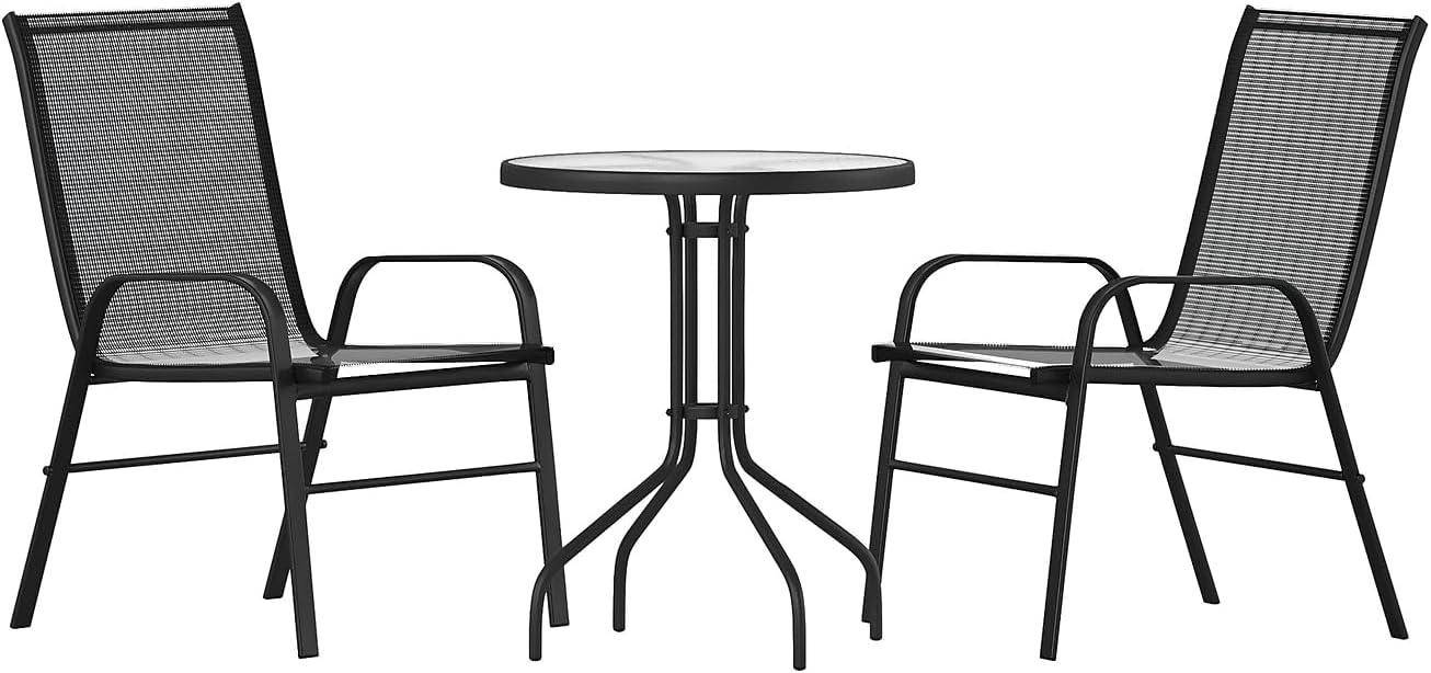 imageFlash Furniture Brazos 3 Piece Outdoor Patio Dining Set 2 Brown Flex Comfort Stack Chairs 2375quot Round Tempered Glass Patio TableBlack