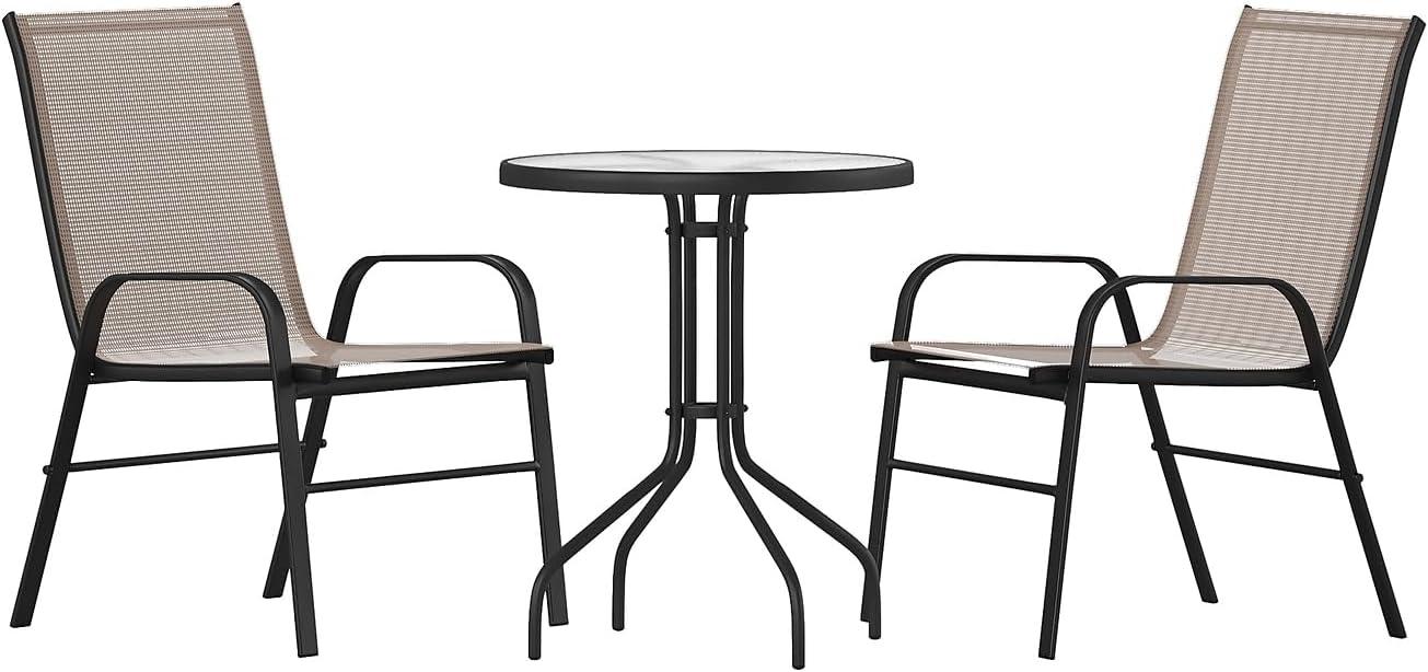 imageFlash Furniture Brazos 3 Piece Outdoor Patio Dining Set 2 Brown Flex Comfort Stack Chairs 2375quot Round Tempered Glass Patio TableBrown