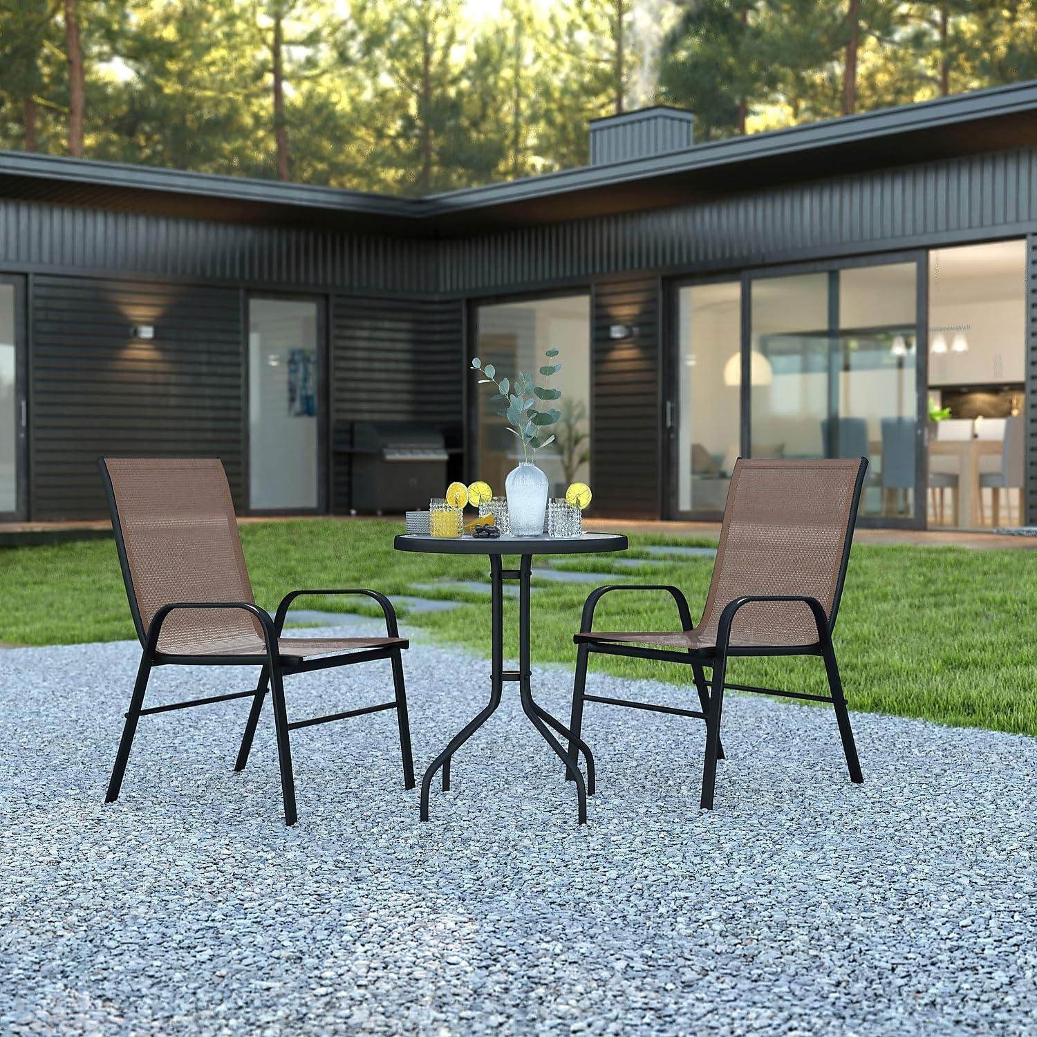 imageFlash Furniture Brazos 3 Piece Outdoor Patio Dining Set 2 Brown Flex Comfort Stack Chairs 2375quot Round Tempered Glass Patio TableBrown