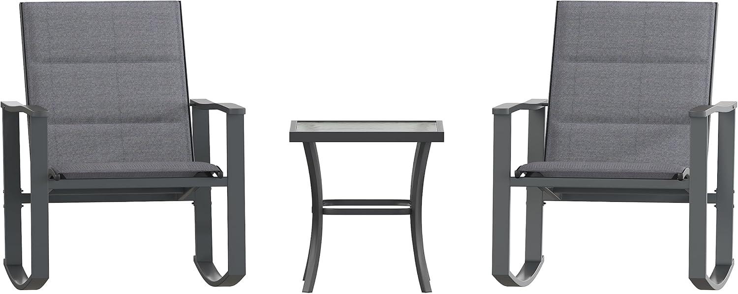 imageFlash Furniture Brazos 3 Piece Outdoor Rocking Chair Bistro Set with Flex Comfort Material and Metal Framed Glass Top Table GrayBlackBlack