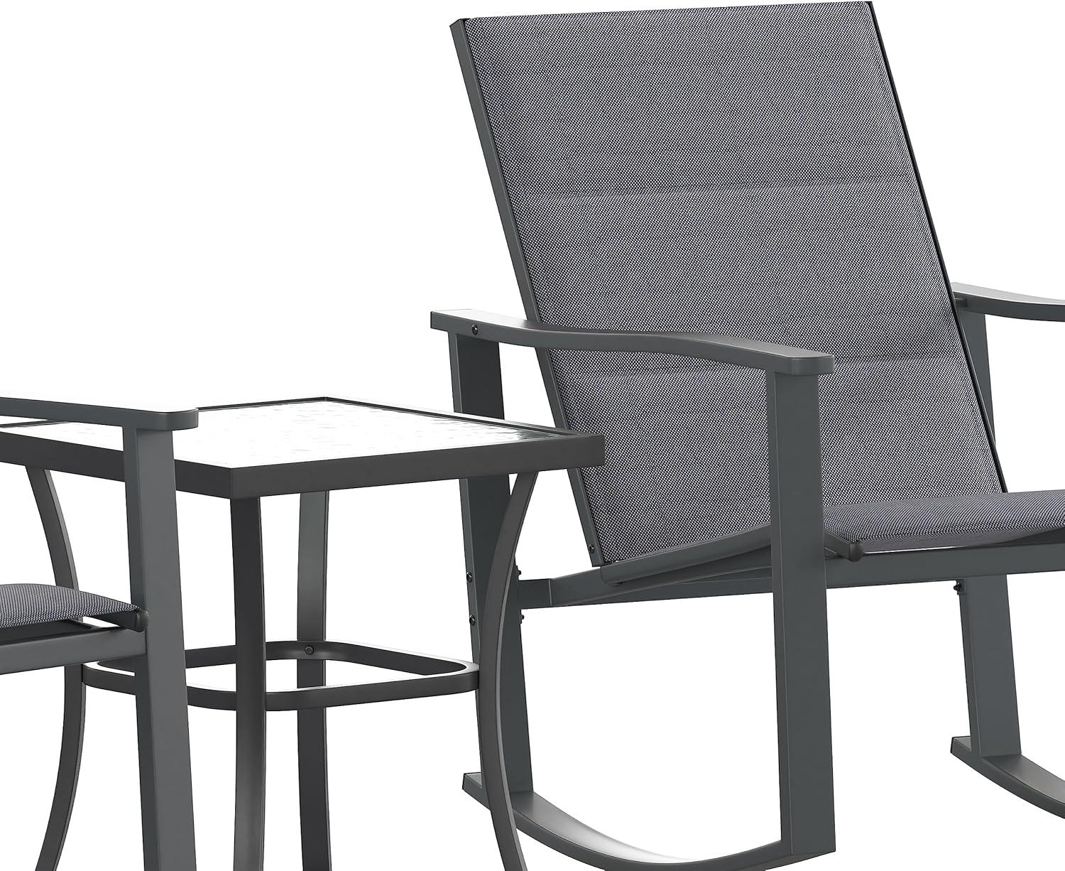 imageFlash Furniture Brazos 3 Piece Outdoor Rocking Chair Bistro Set with Flex Comfort Material and Metal Framed Glass Top Table GrayBlackBlack