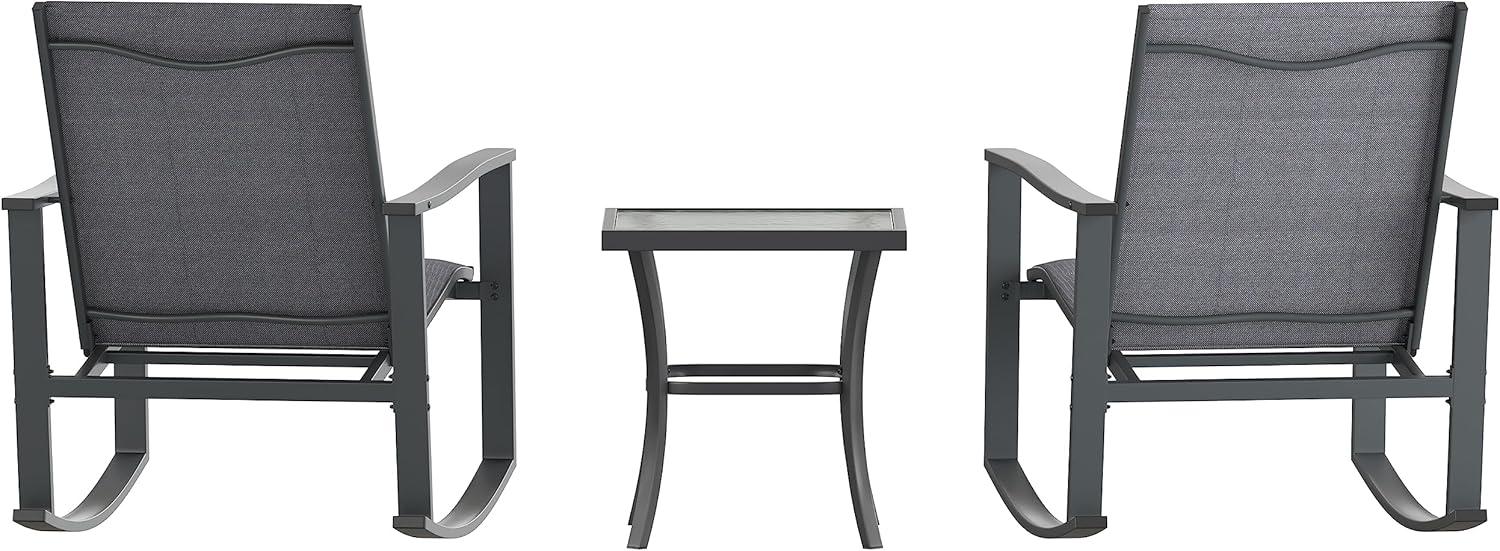 imageFlash Furniture Brazos 3 Piece Outdoor Rocking Chair Bistro Set with Flex Comfort Material and Metal Framed Glass Top Table GrayBlackBlack
