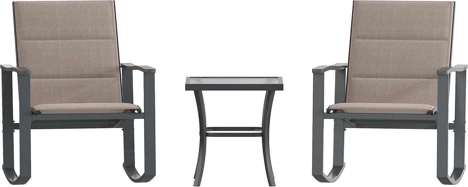 imageFlash Furniture Brazos 3 Piece Outdoor Rocking Chair Bistro Set with Flex Comfort Material and Metal Framed Glass Top Table GrayBlackBrown