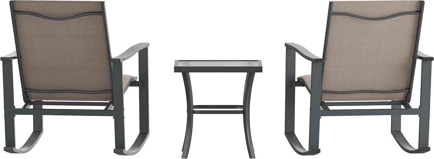imageFlash Furniture Brazos 3 Piece Outdoor Rocking Chair Bistro Set with Flex Comfort Material and Metal Framed Glass Top Table GrayBlackBrown