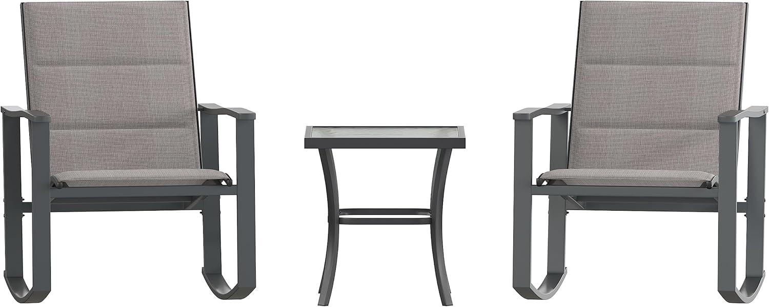 imageFlash Furniture Brazos 3 Piece Outdoor Rocking Chair Bistro Set with Flex Comfort Material and Metal Framed Glass Top Table GrayBlackGrey