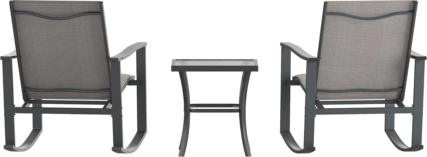 imageFlash Furniture Brazos 3 Piece Outdoor Rocking Chair Bistro Set with Flex Comfort Material and Metal Framed Glass Top Table GrayBlackGrey