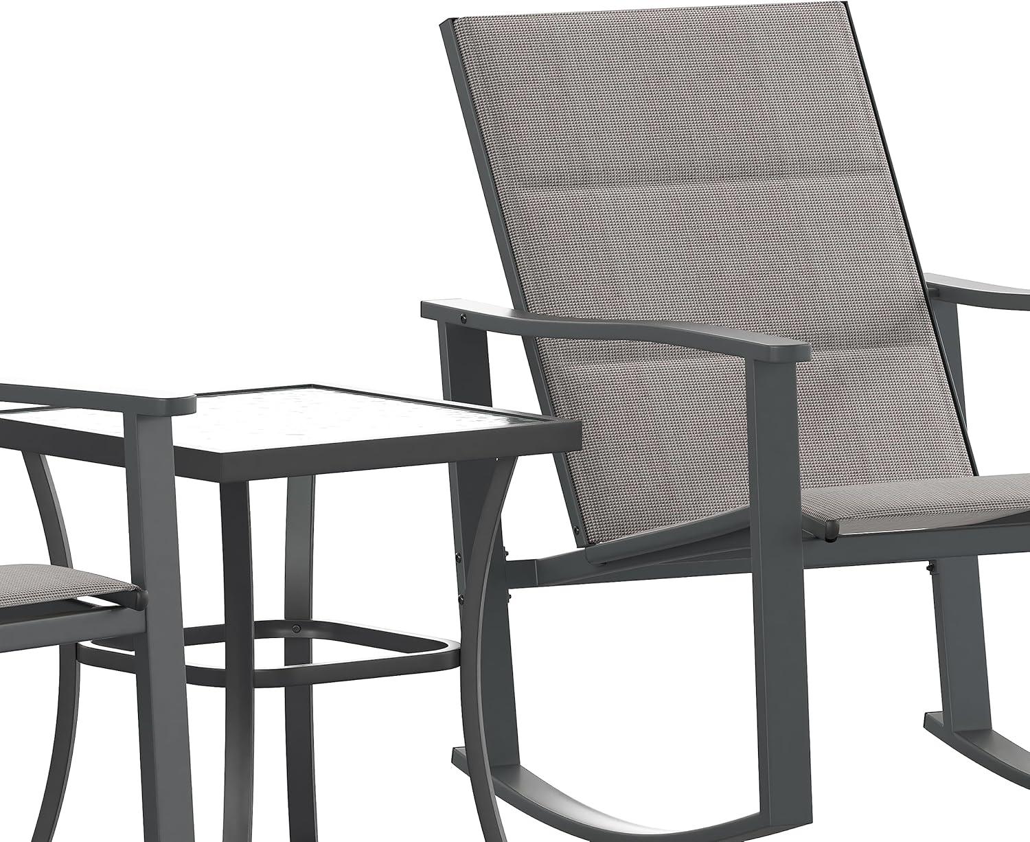 imageFlash Furniture Brazos 3 Piece Outdoor Rocking Chair Bistro Set with Flex Comfort Material and Metal Framed Glass Top Table GrayBlackGrey